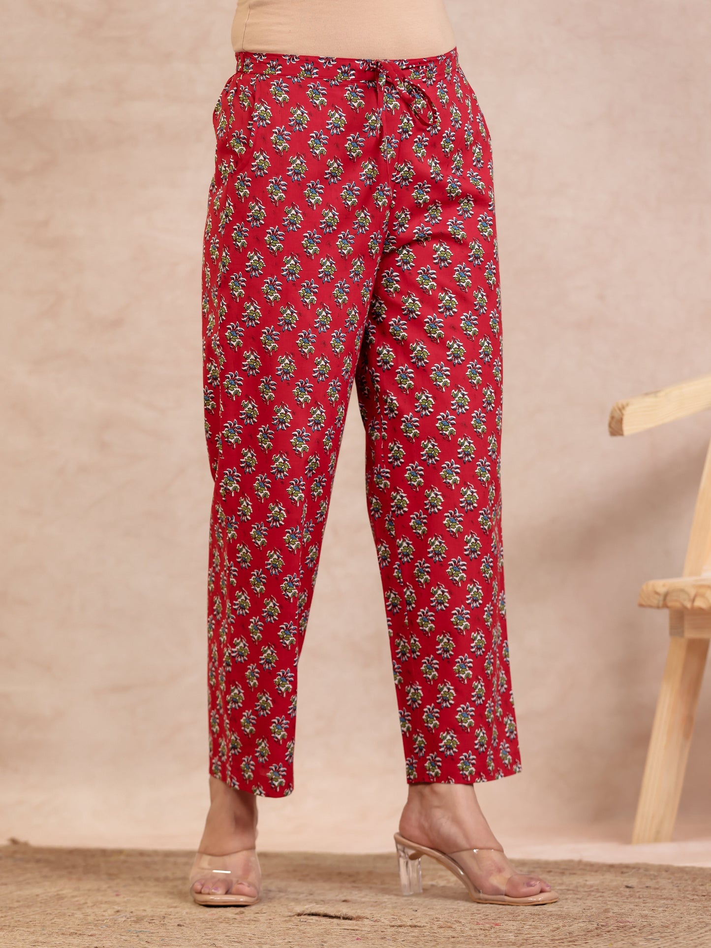 Soft Cotton Floral Red Straight Trousers