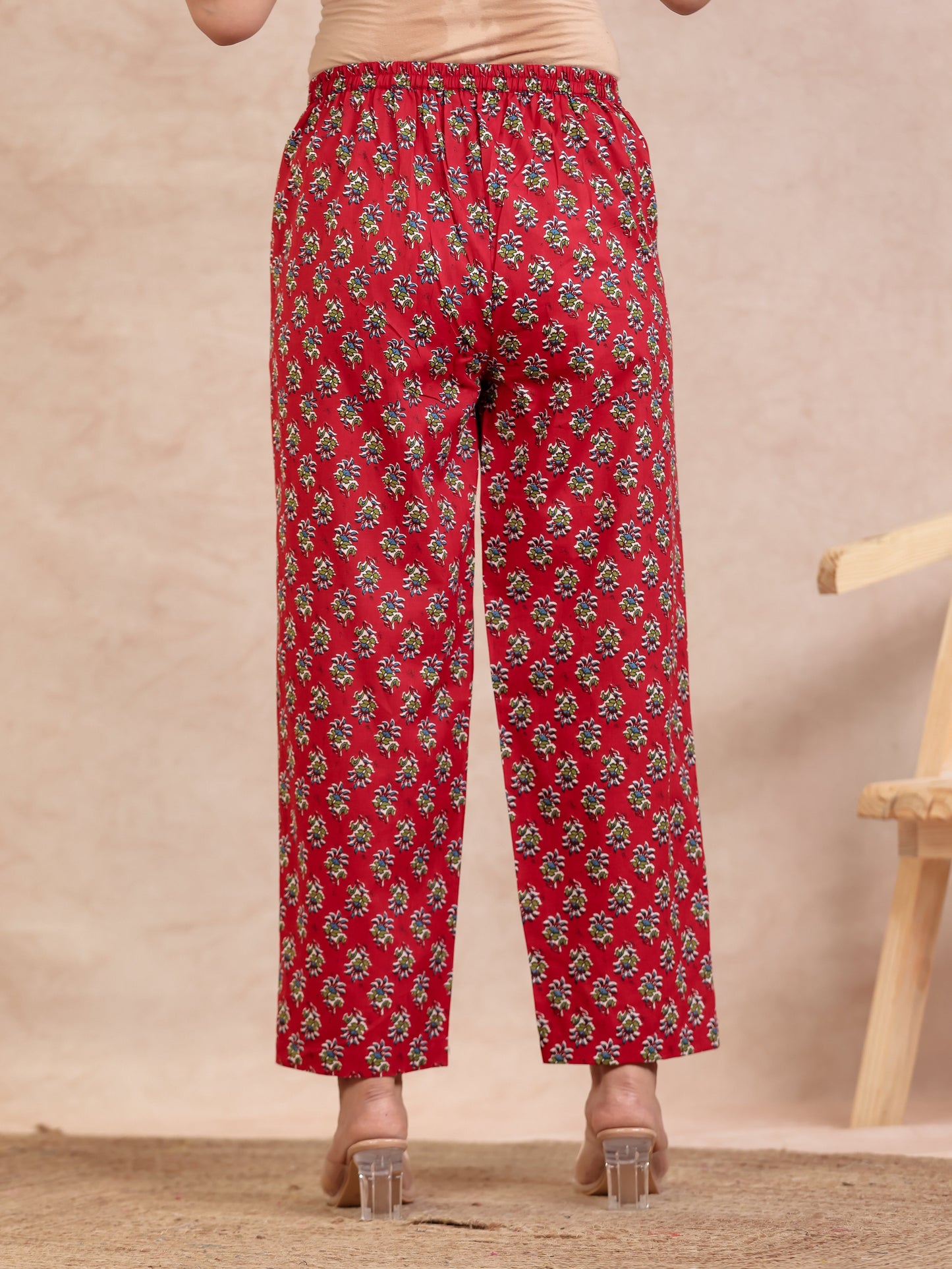 Soft Cotton Floral Red Straight Trousers