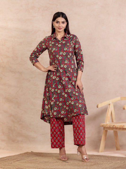 Soft Cotton Floral High Low Red Kurta