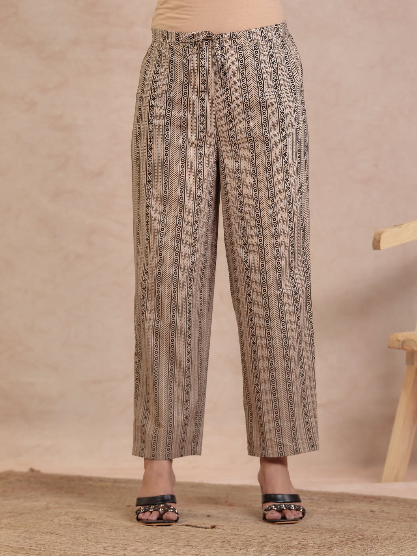 Soft Cotton Striped Beige Straight Trousers