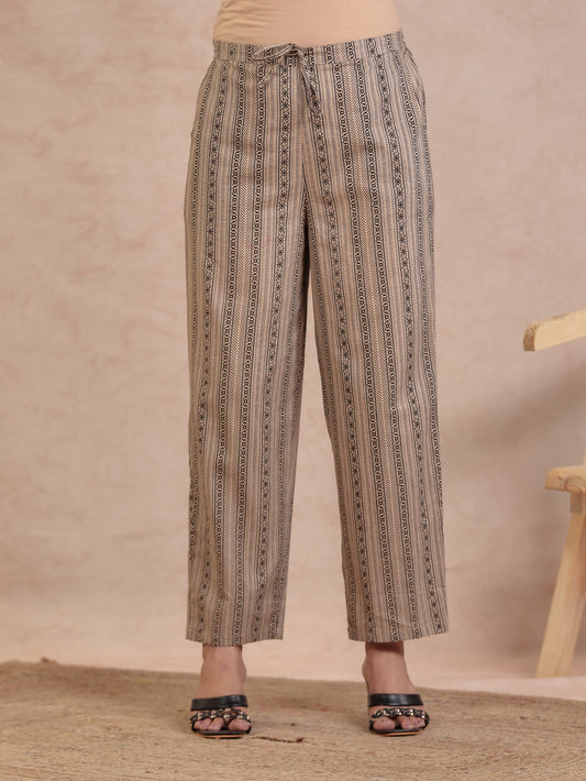 Soft Cotton Striped Beige Straight Trousers