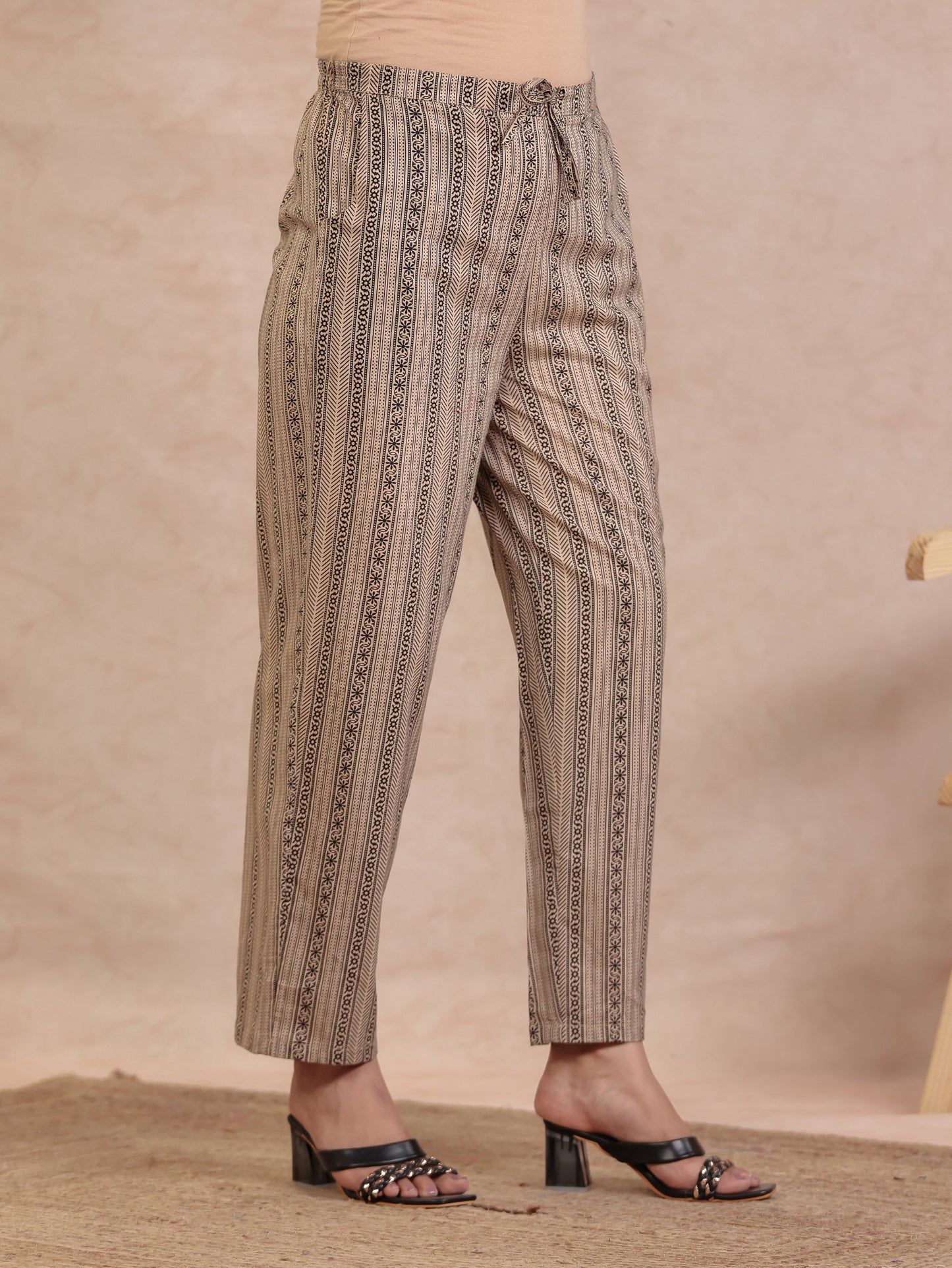 Soft Cotton Striped Beige Straight Trousers