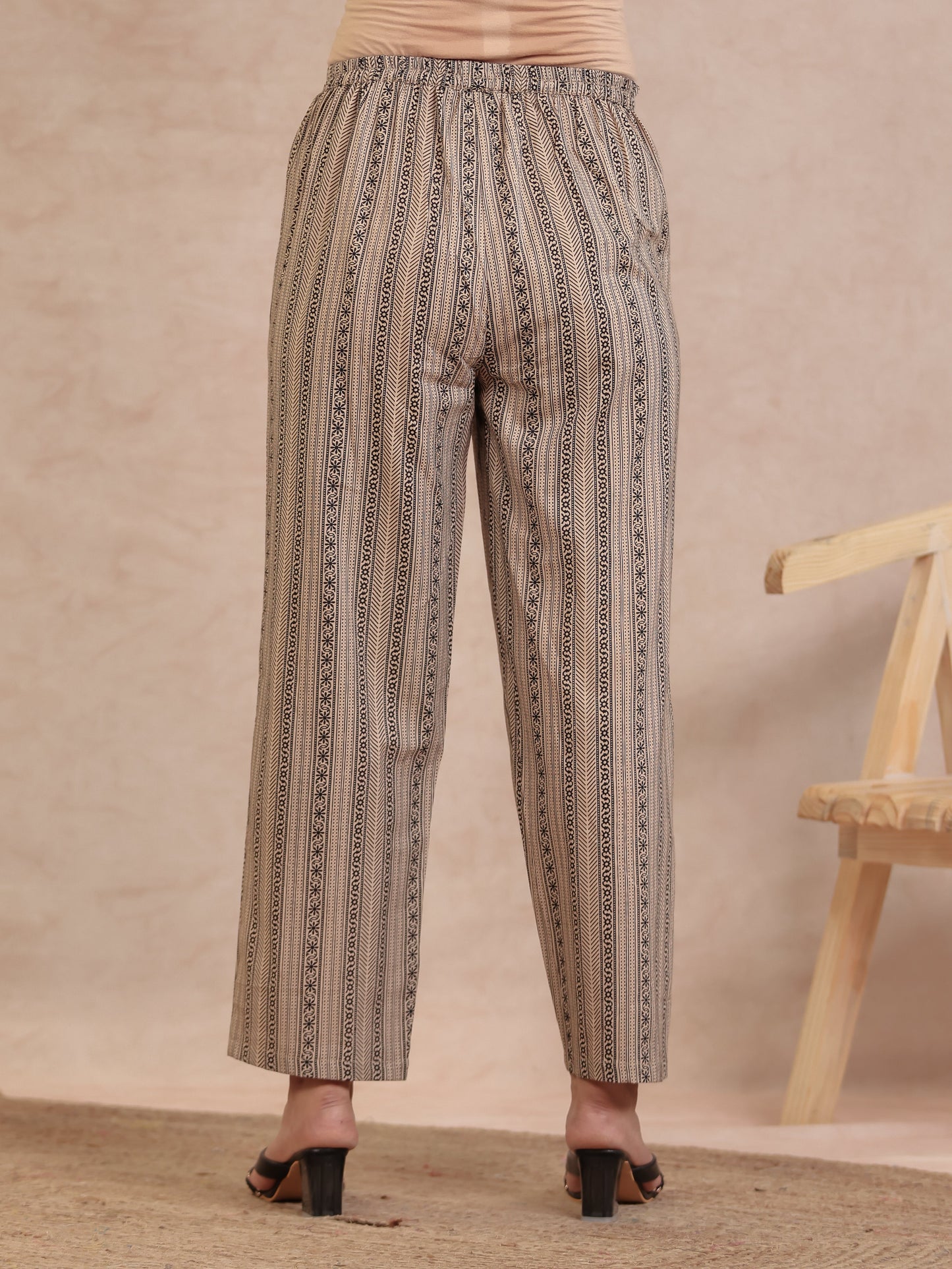 Soft Cotton Striped Beige Straight Trousers