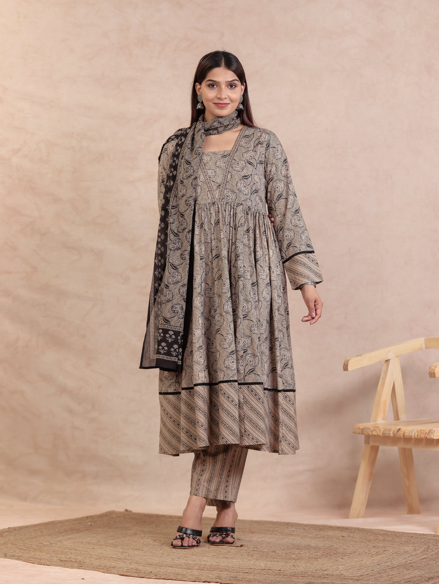 Soft Cotton Floral Anarkali Beige Kurta