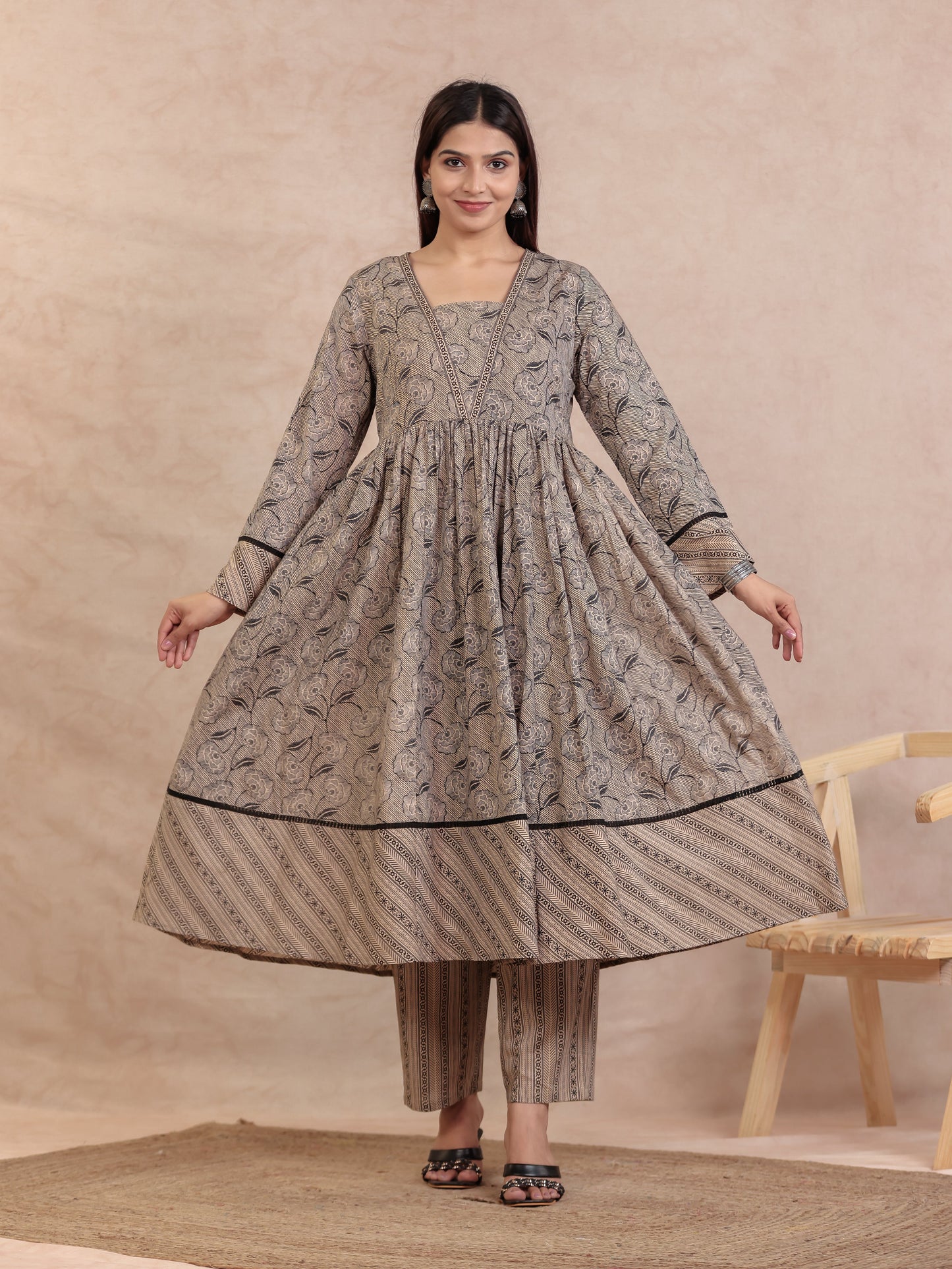 Soft Cotton Floral Anarkali Beige Kurta