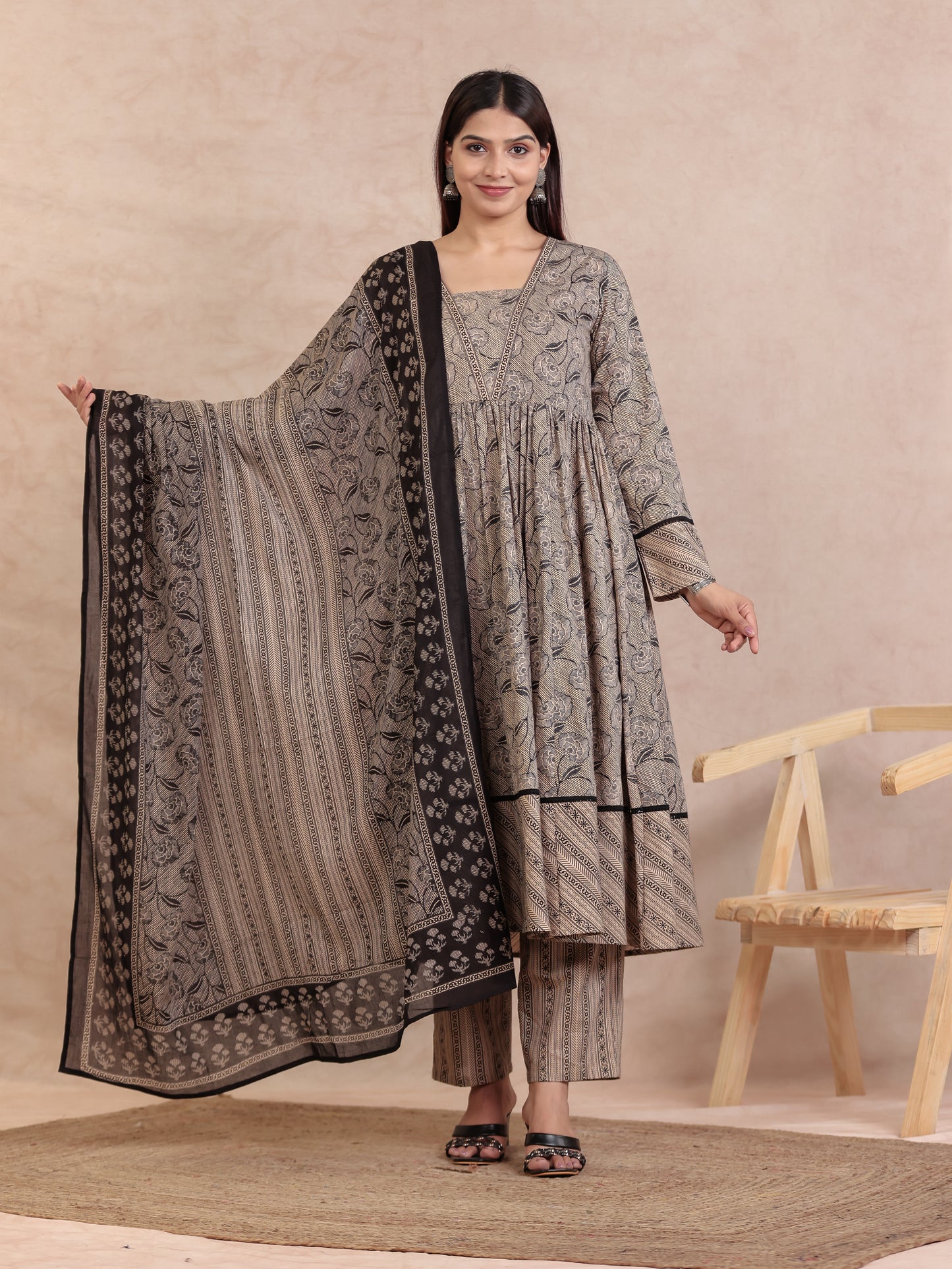 Soft Cotton Floral Anarkali Beige Kurta