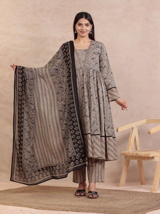 Soft Cotton Floral Anarkali Beige Kurta