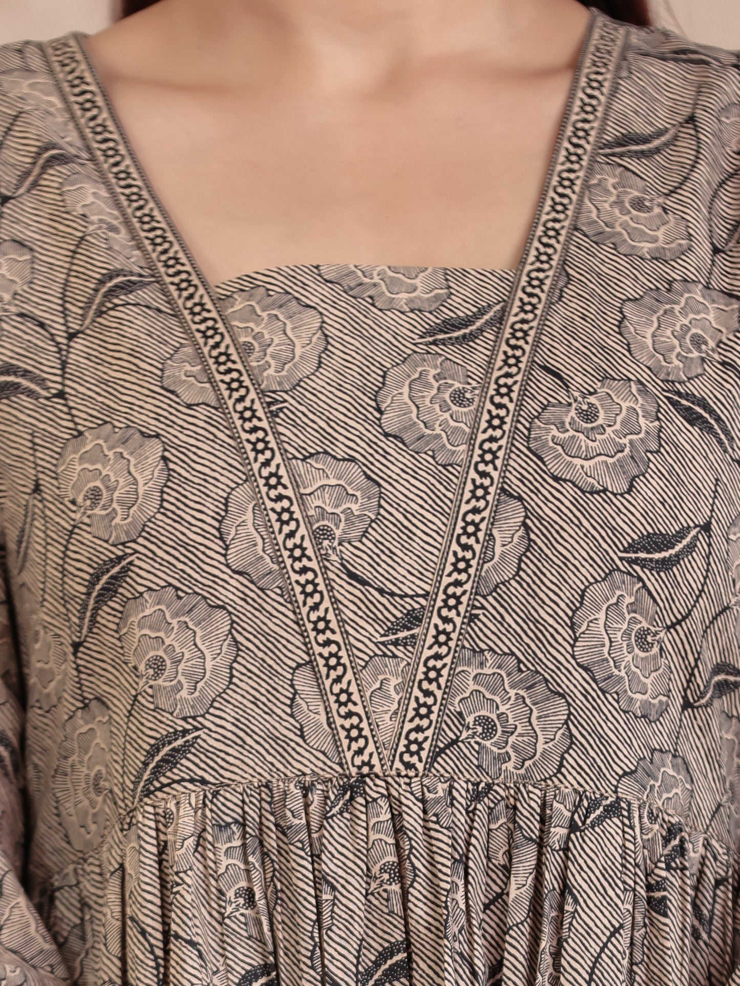 Soft Cotton Floral Anarkali Beige Kurta