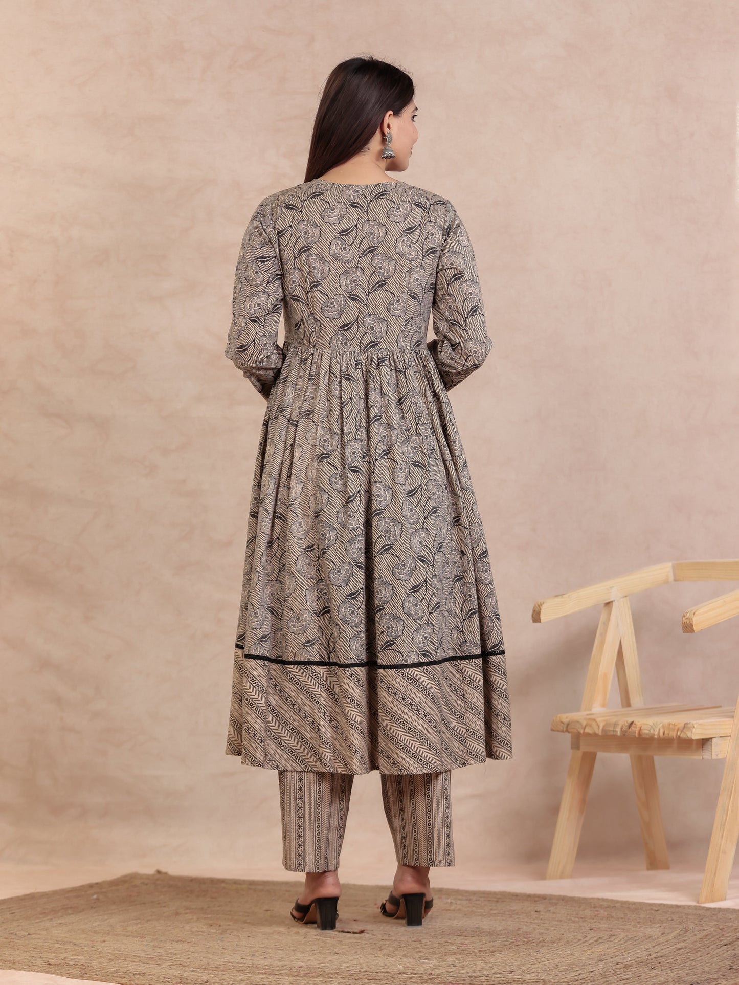 Soft Cotton Floral Anarkali Beige Kurta