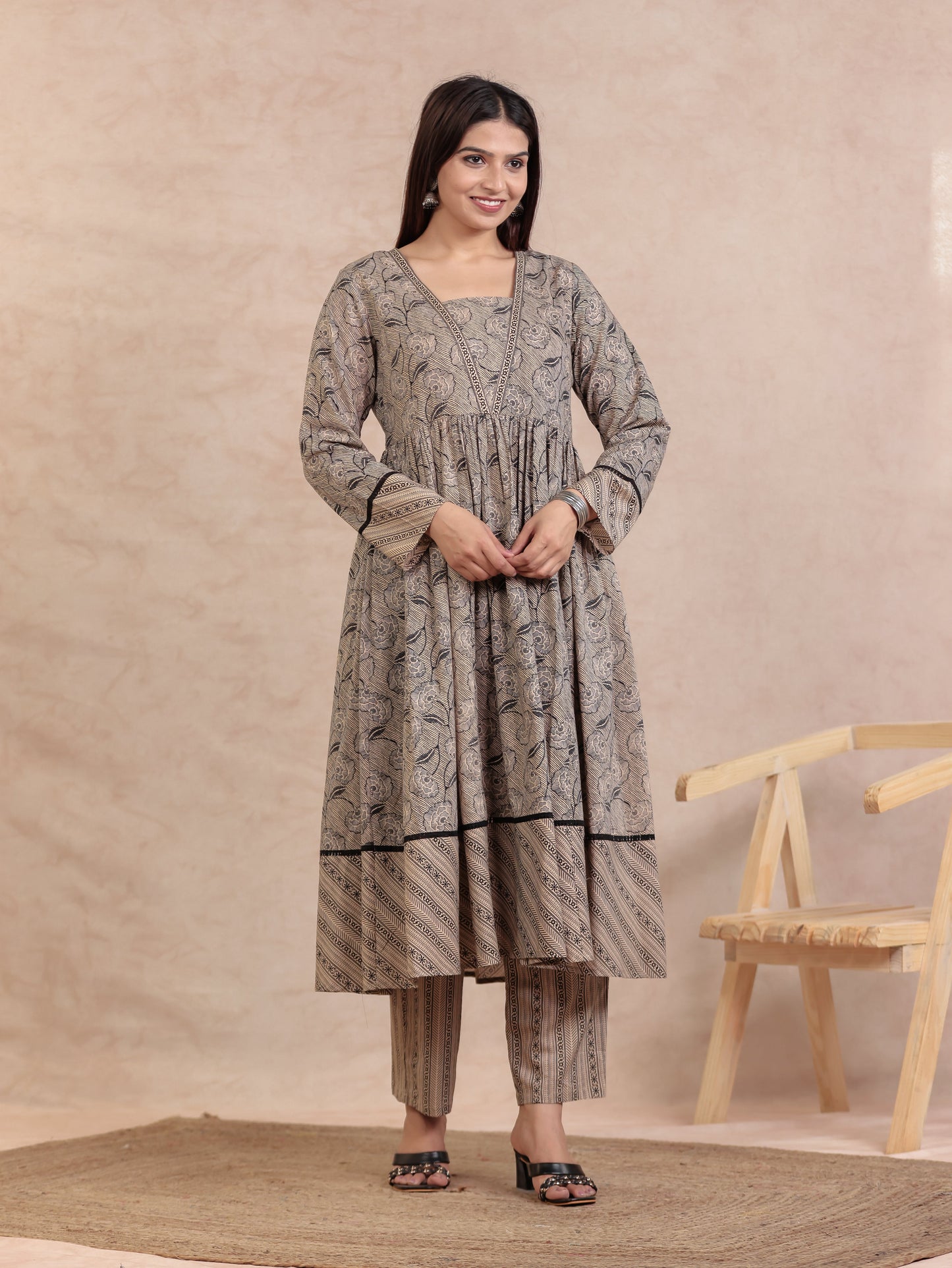 Soft Cotton Floral Anarkali Beige Kurta