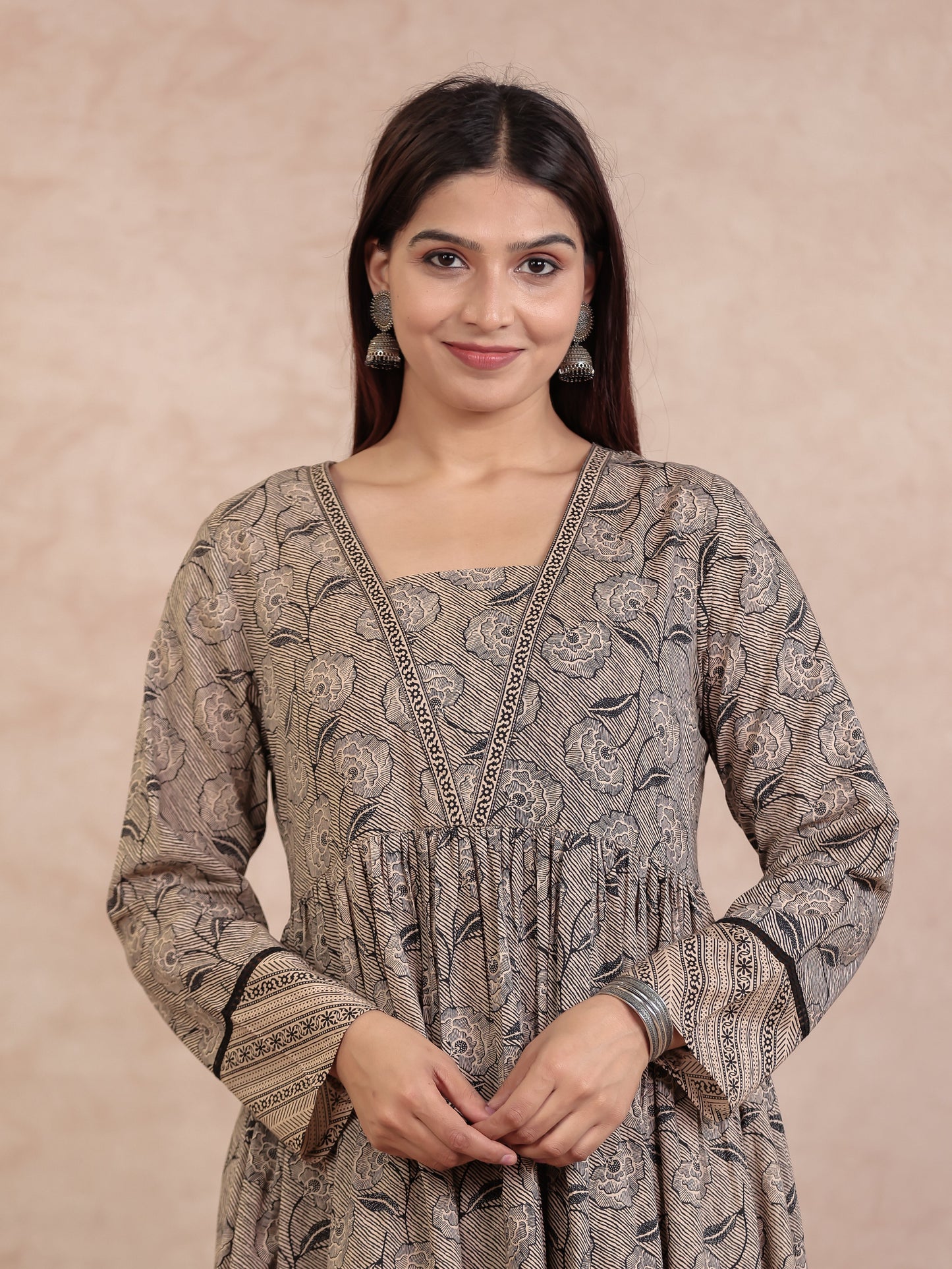 Soft Cotton Floral Anarkali Beige Kurta
