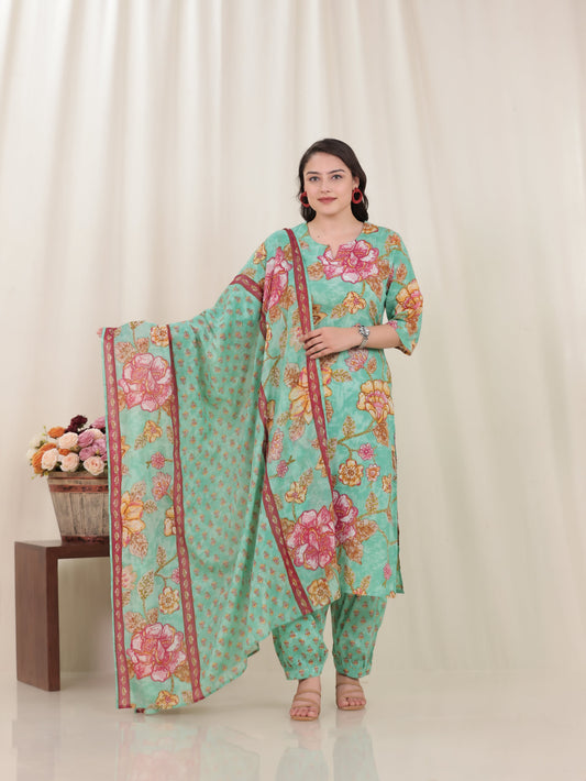 Cotton Voile Floral Green Dupatta