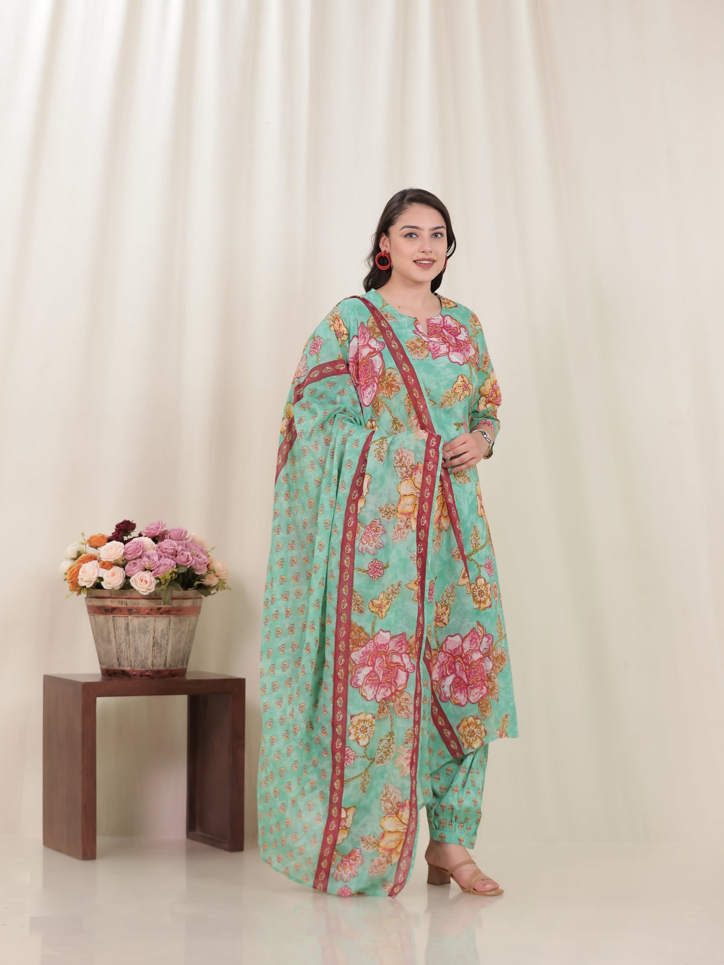 Cotton Voile Floral Green Dupatta