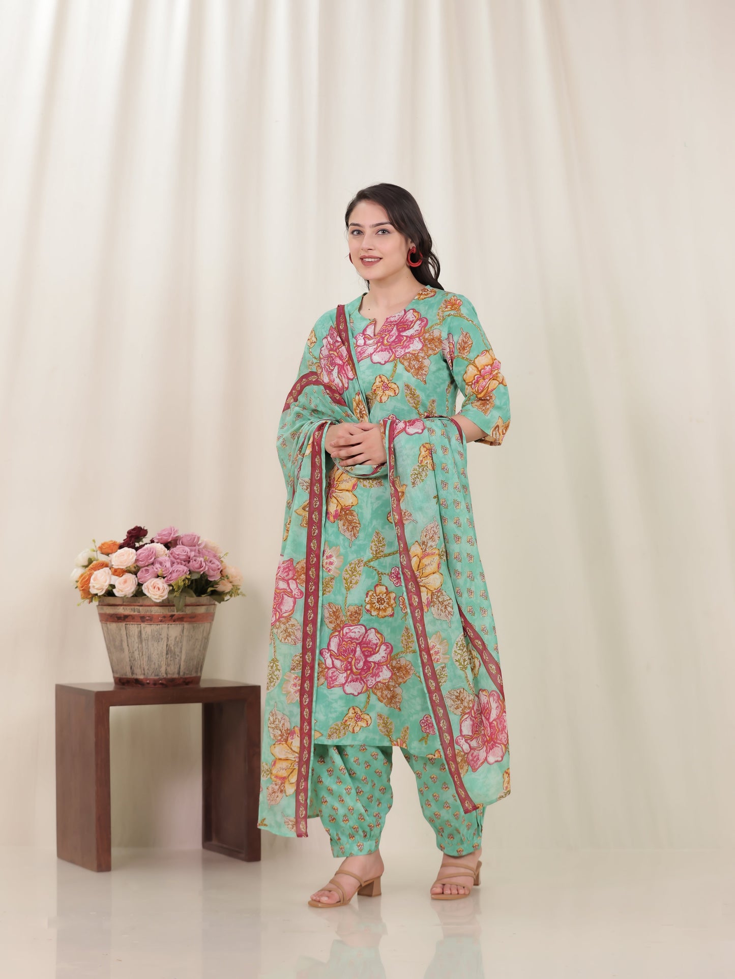 Cotton Voile Floral Green Dupatta