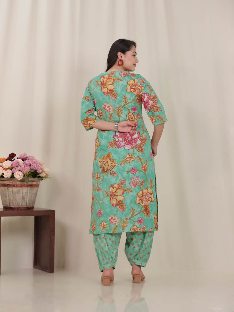 Soft Cotton Floral Straight Green Kurta
