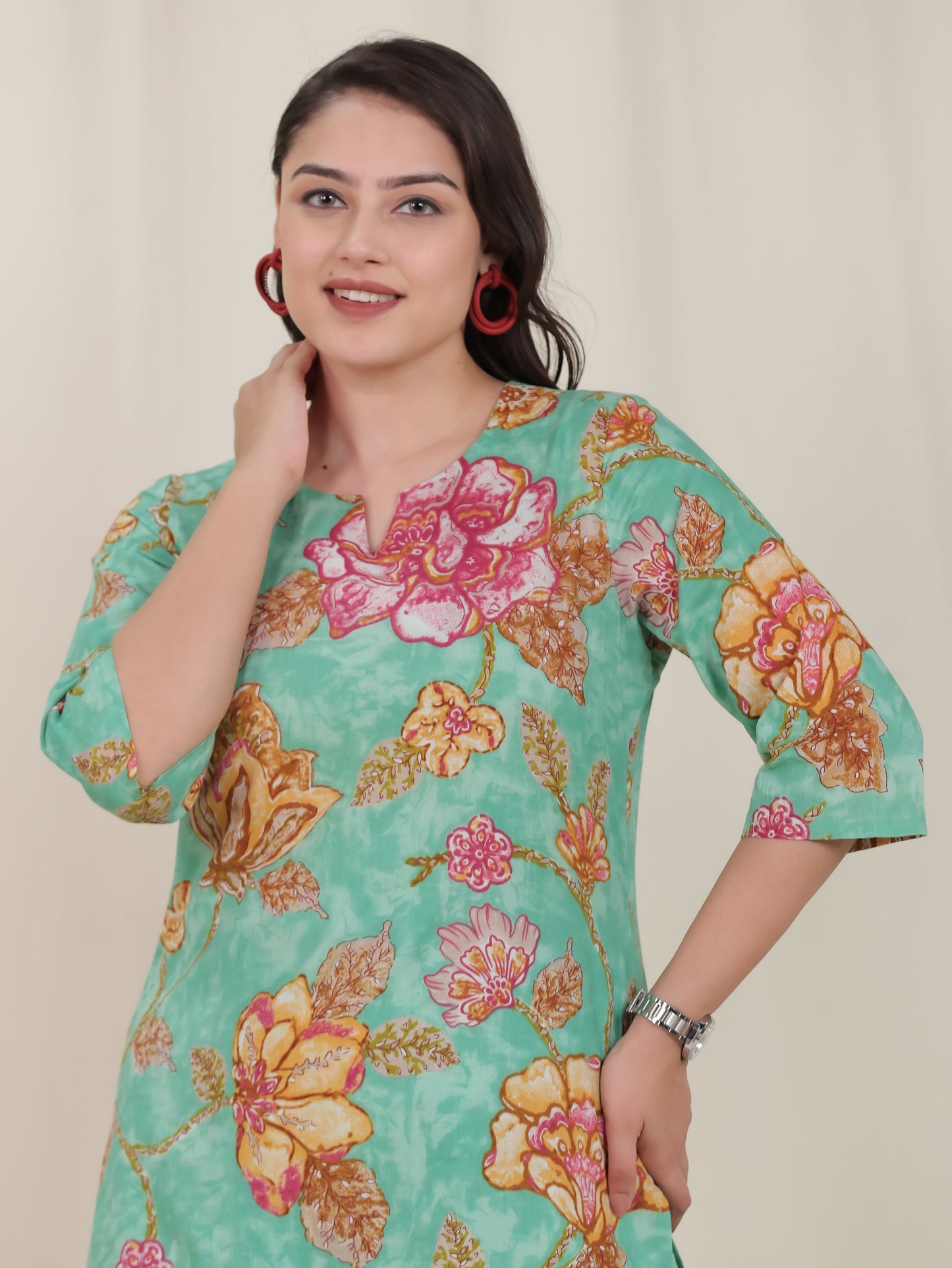 Soft Cotton Floral Straight Green Kurta