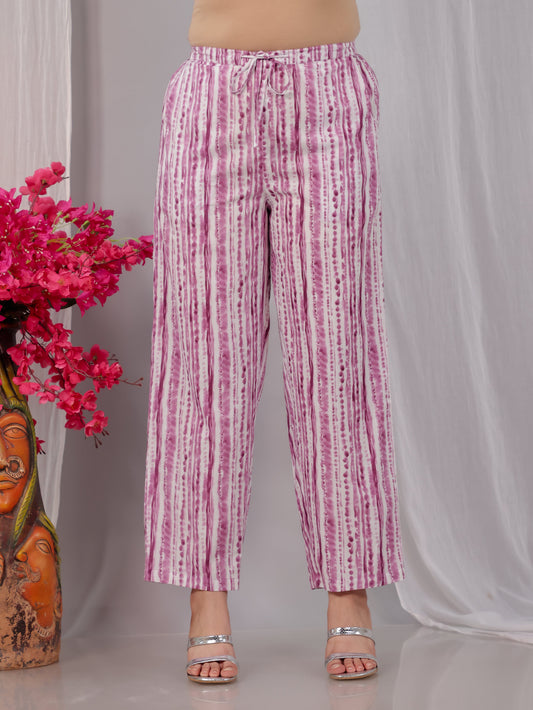 Soft Cotton Striped Purple Straight Straight Trousers