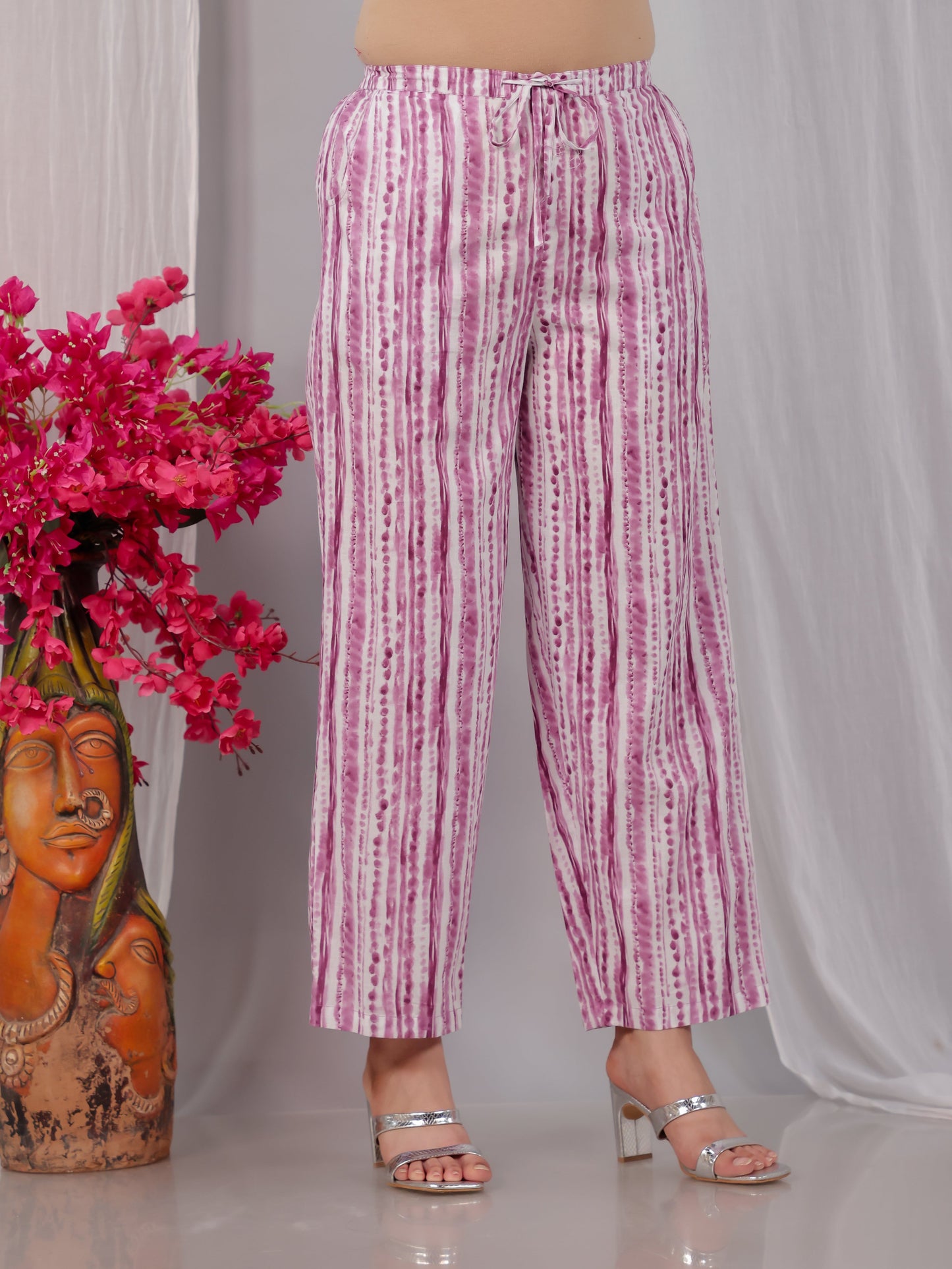 Soft Cotton Striped Purple Straight Straight Trousers