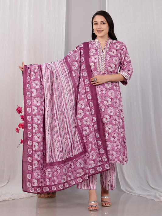 Embroidered Soft Cotton Floral Straight Purple Kurta