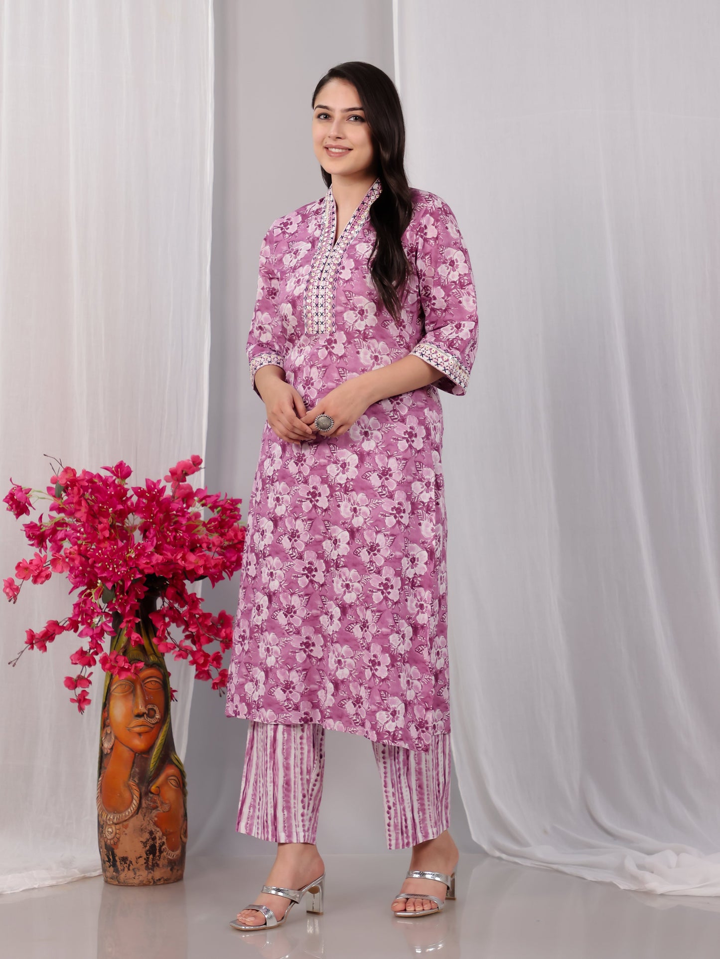Embroidered Soft Cotton Floral Straight Purple Kurta