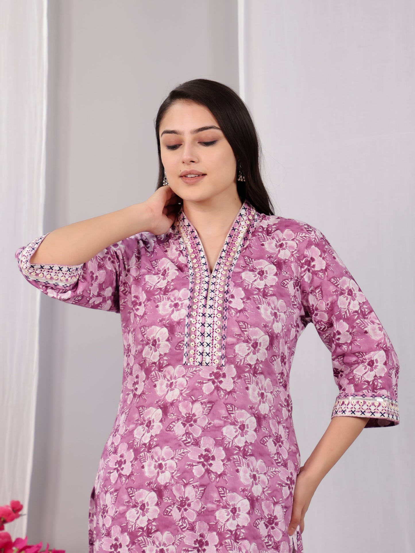 Embroidered Soft Cotton Floral Straight Purple Kurta