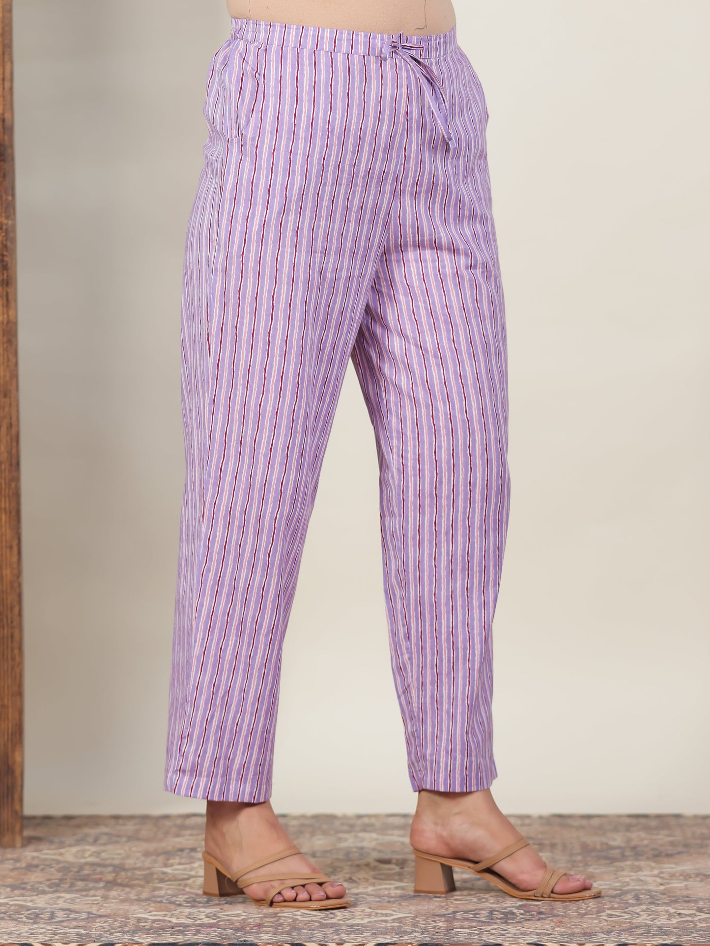 Soft Cotton Striped Purple Straight Trousers