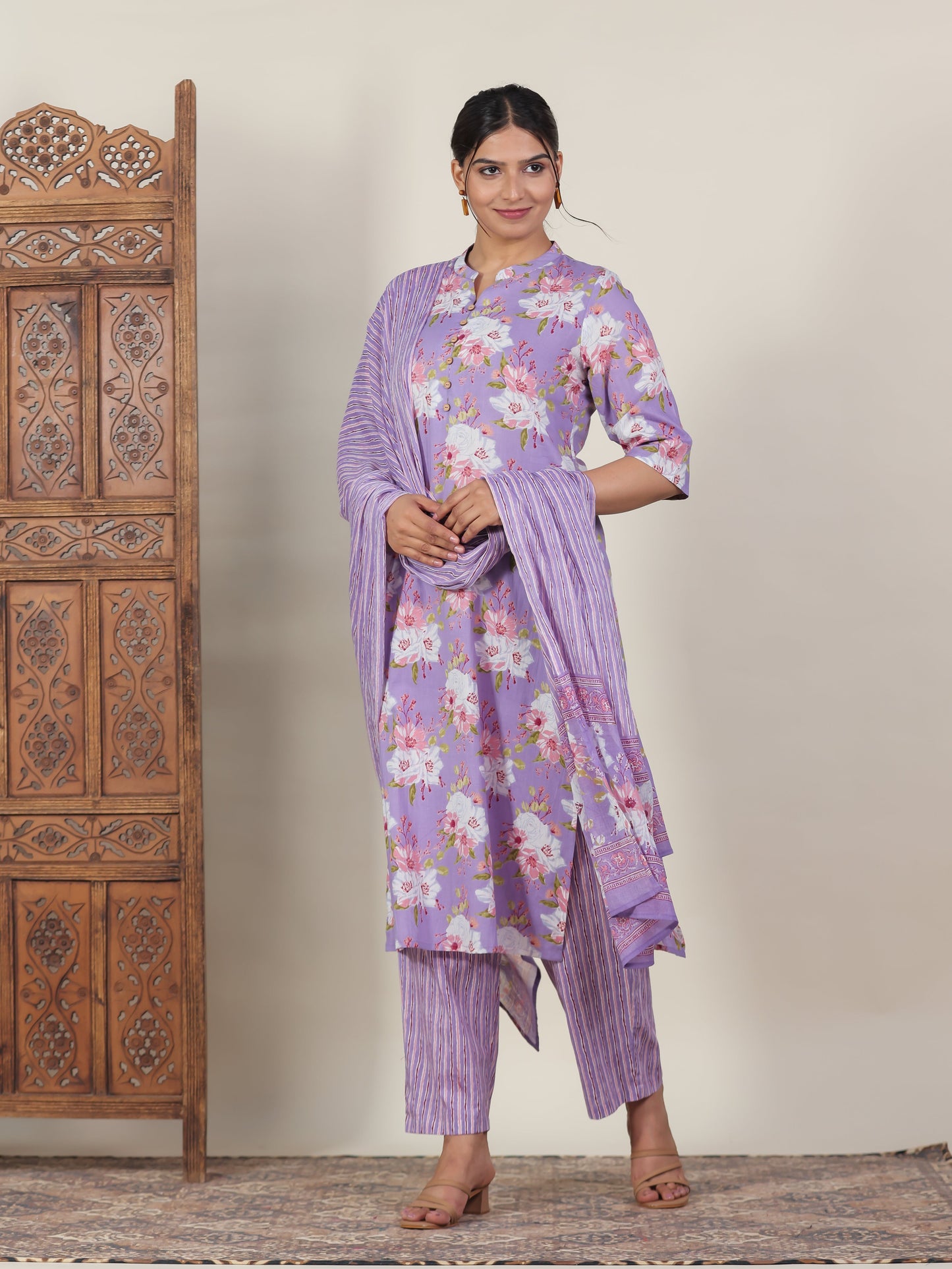 Soft Cotton Floral Straight Purple Kurta