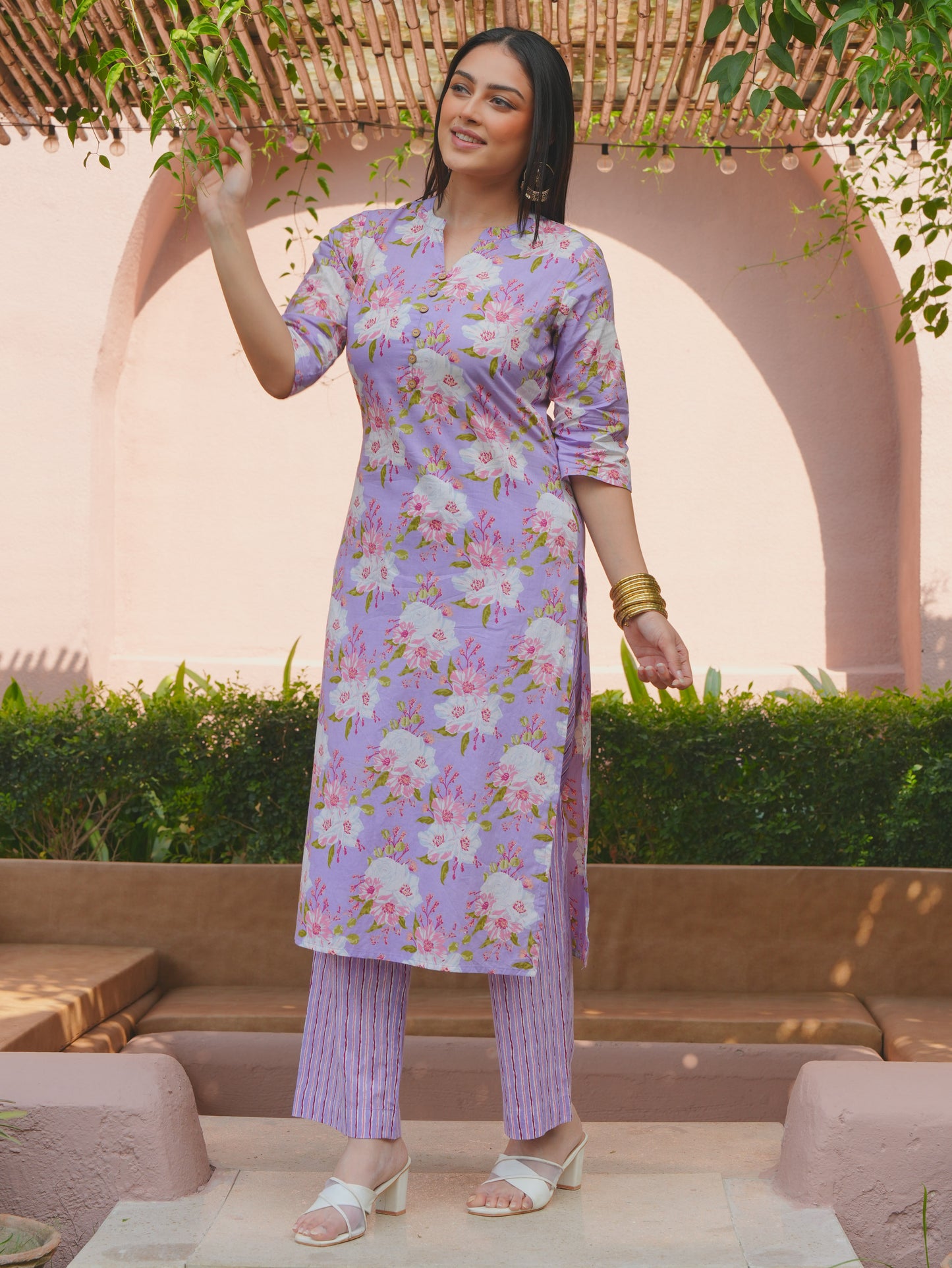 Soft Cotton Floral Straight Purple Kurta
