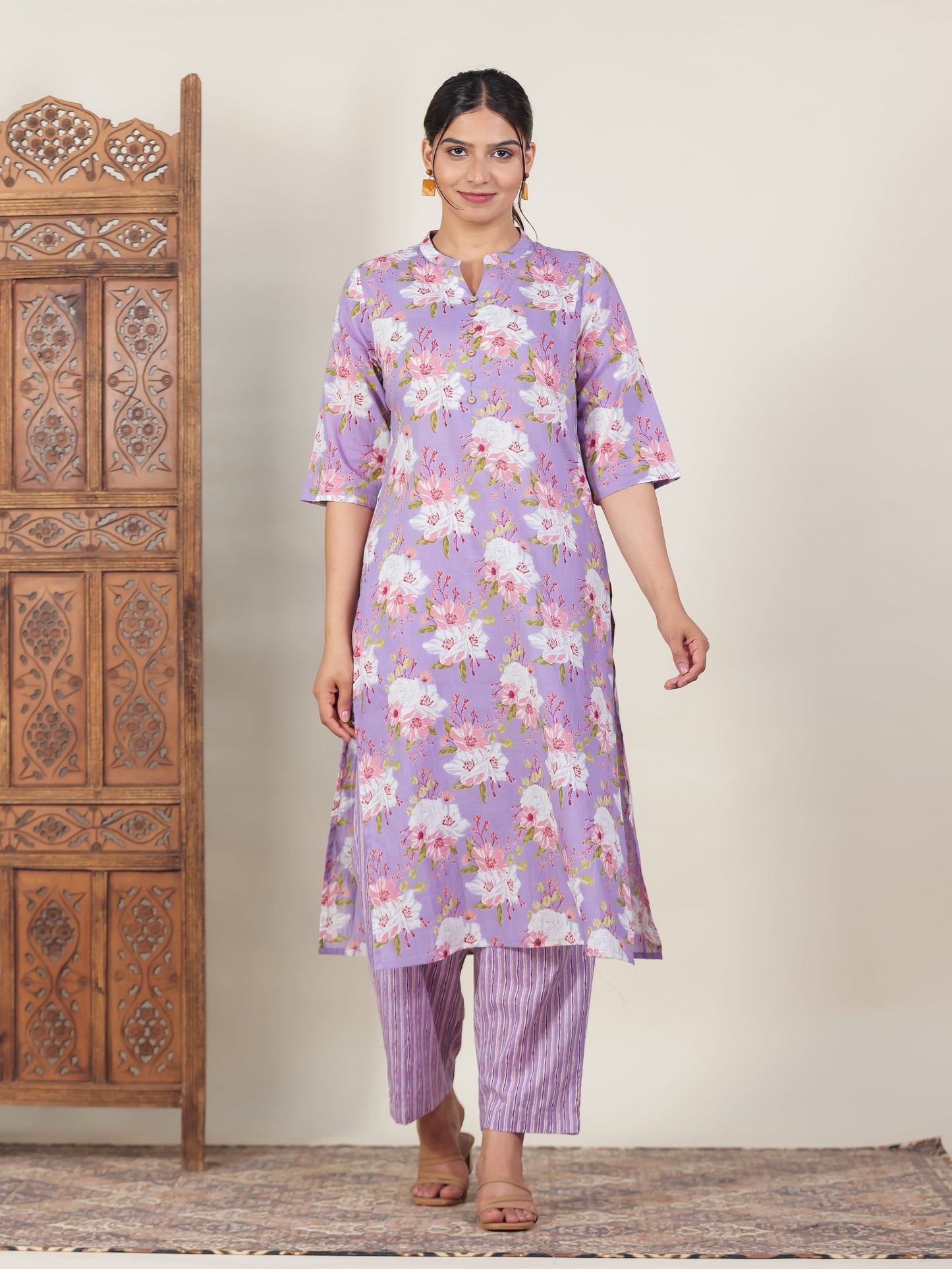 Soft Cotton Floral Straight Purple Kurta