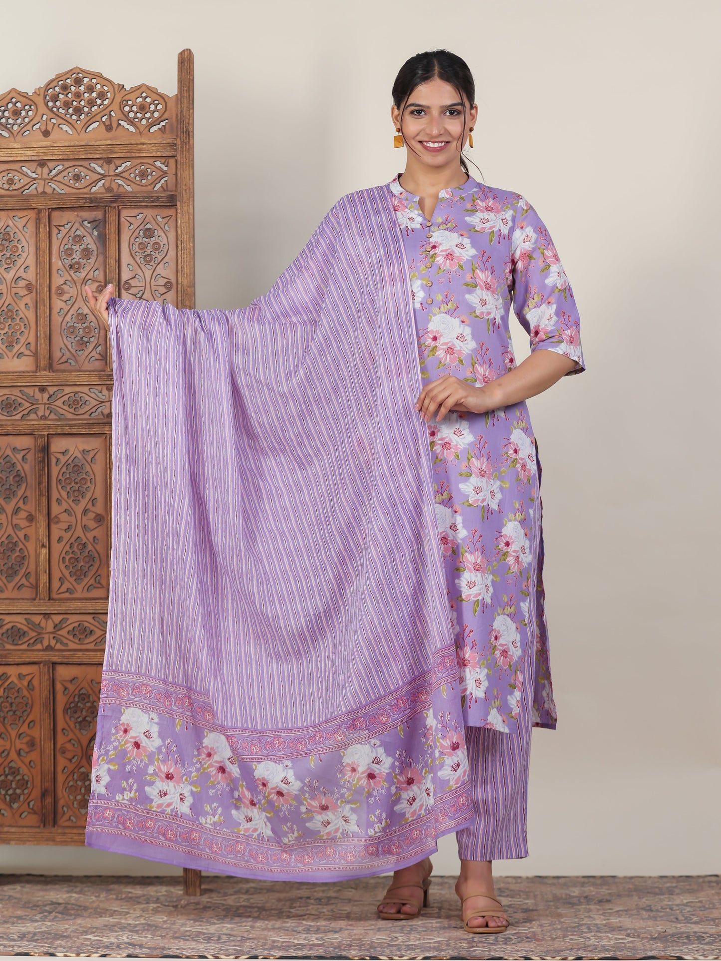 Soft Cotton Floral Straight Purple Kurta