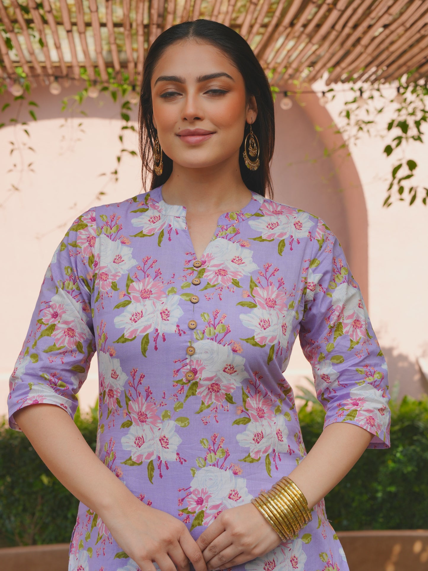 Soft Cotton Floral Straight Purple Kurta
