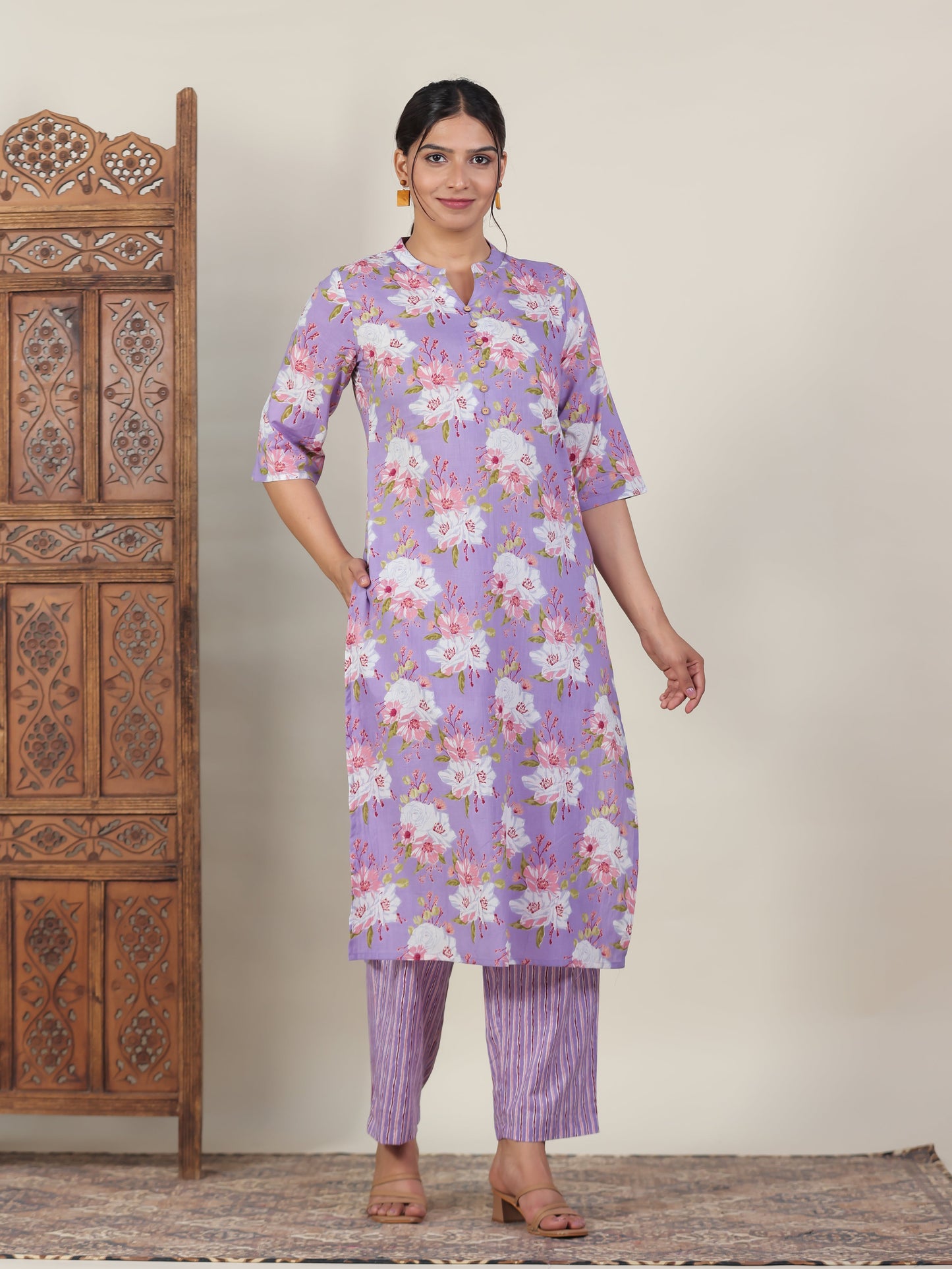 Soft Cotton Floral Straight Purple Kurta