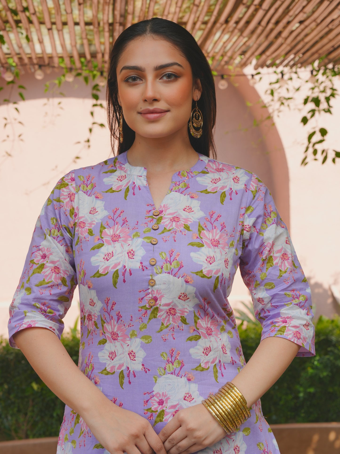 Soft Cotton Floral Straight Purple Kurta