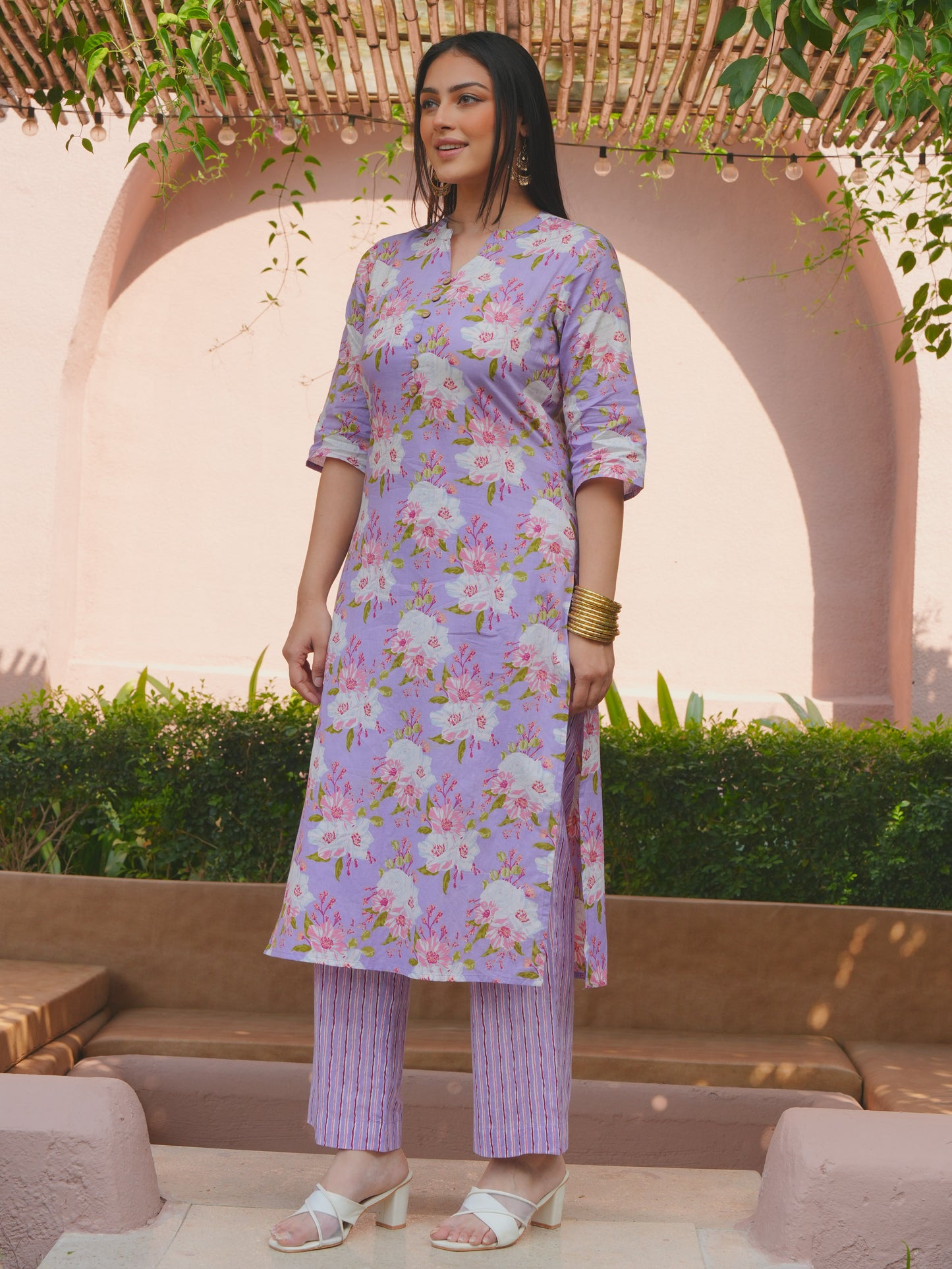Soft Cotton Floral Straight Purple Kurta