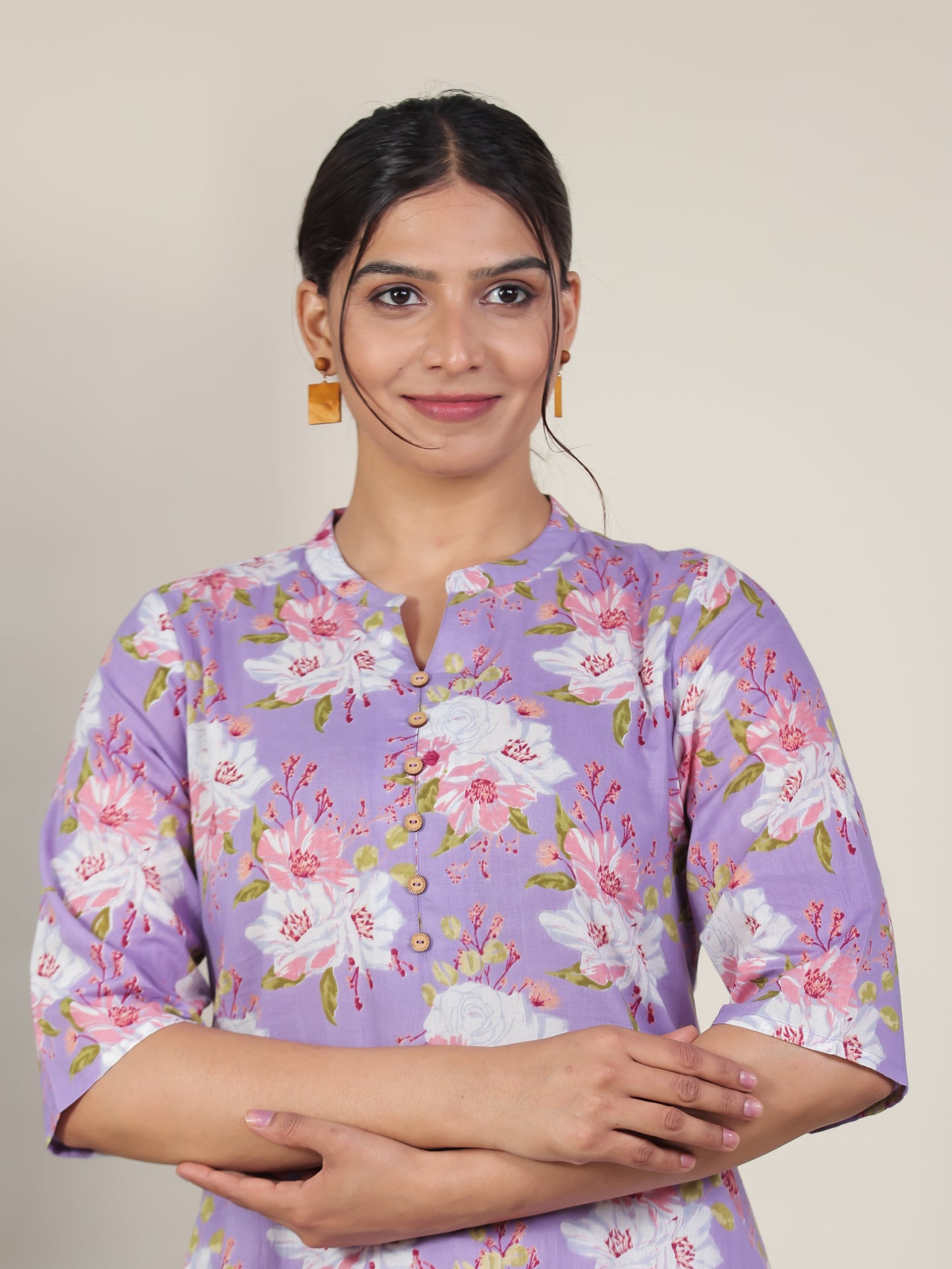 Soft Cotton Floral Straight Purple Kurta