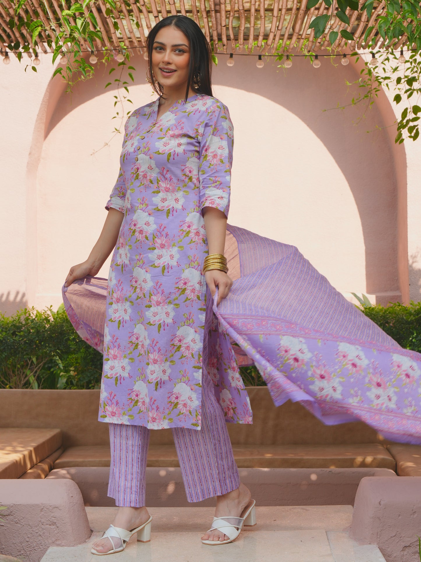 Soft Cotton Floral Straight Purple Kurta