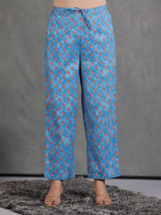 Soft Cotton Floral Blue Straight Trousers