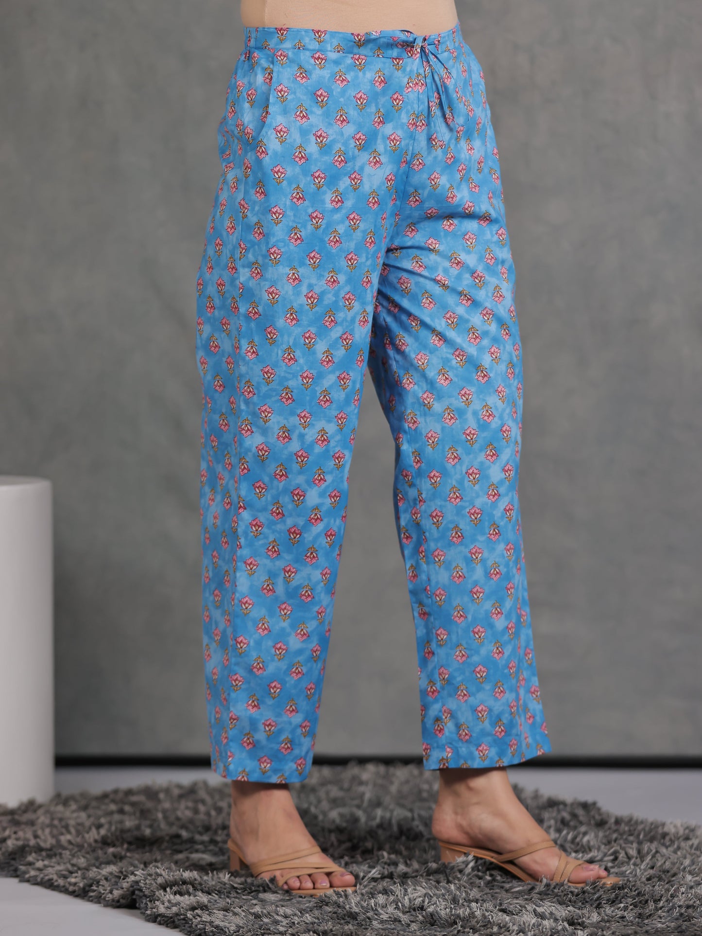 Soft Cotton Floral Blue Straight Trousers