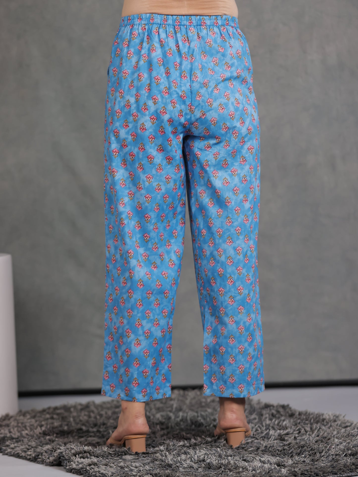 Soft Cotton Floral Blue Straight Trousers
