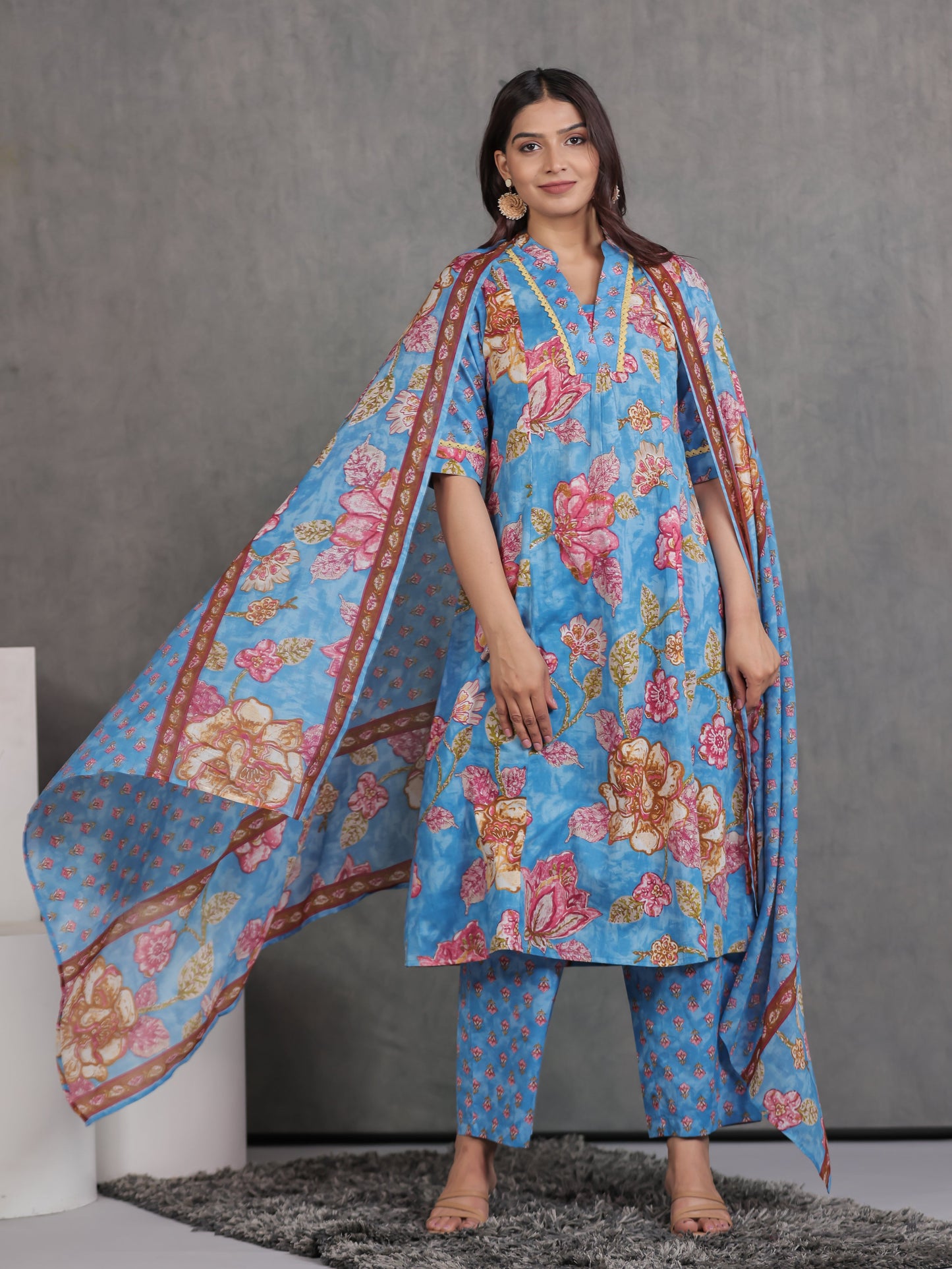 Cotton Voile Floral Blue Dupatta