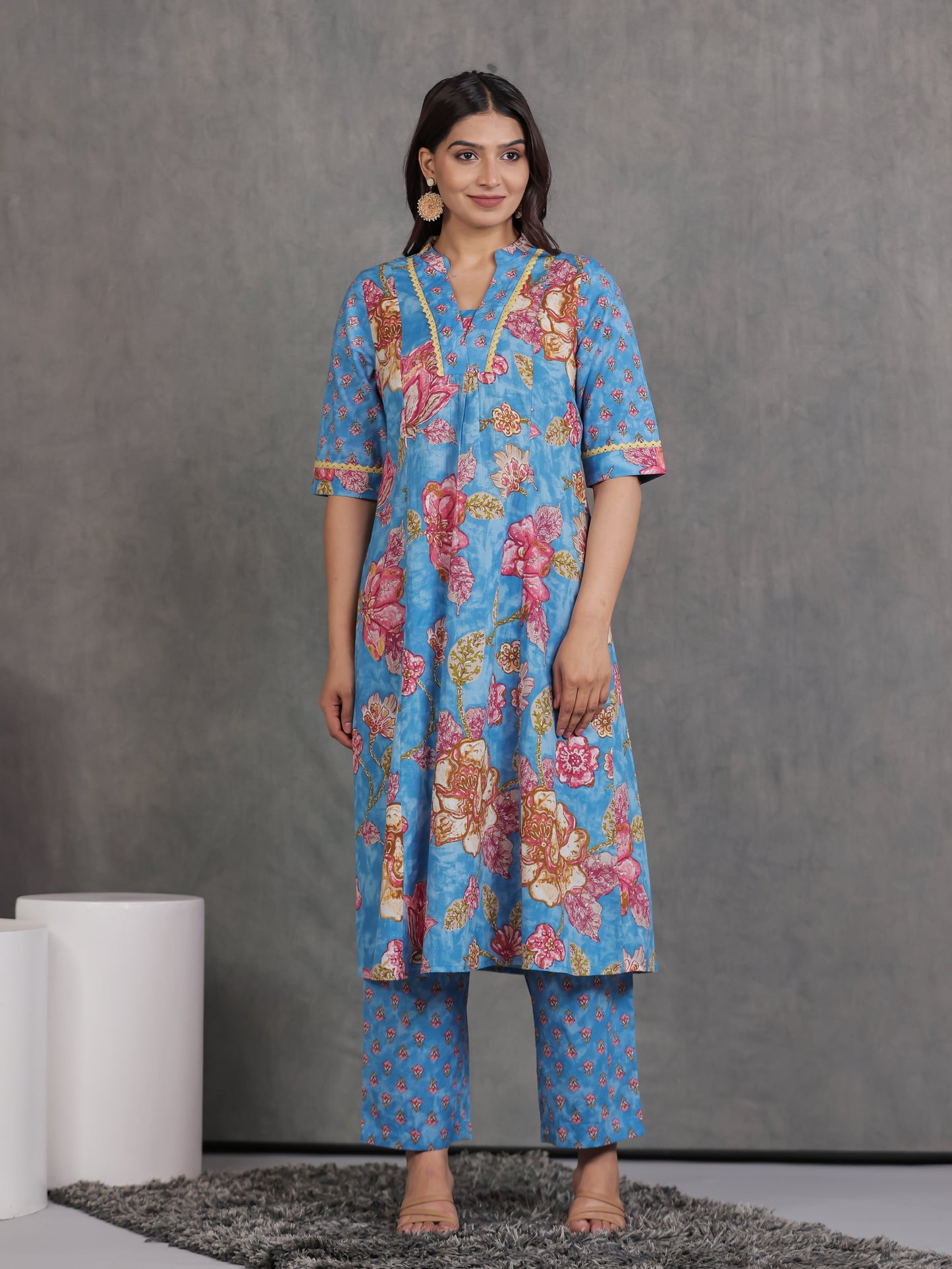 Soft Cotton Floral A-line Blue Kurta