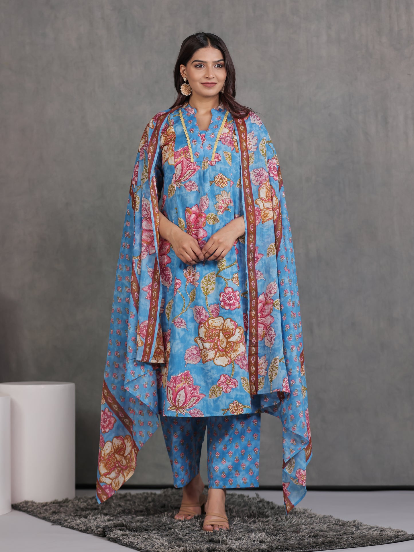 Soft Cotton Floral A-line Blue Kurta