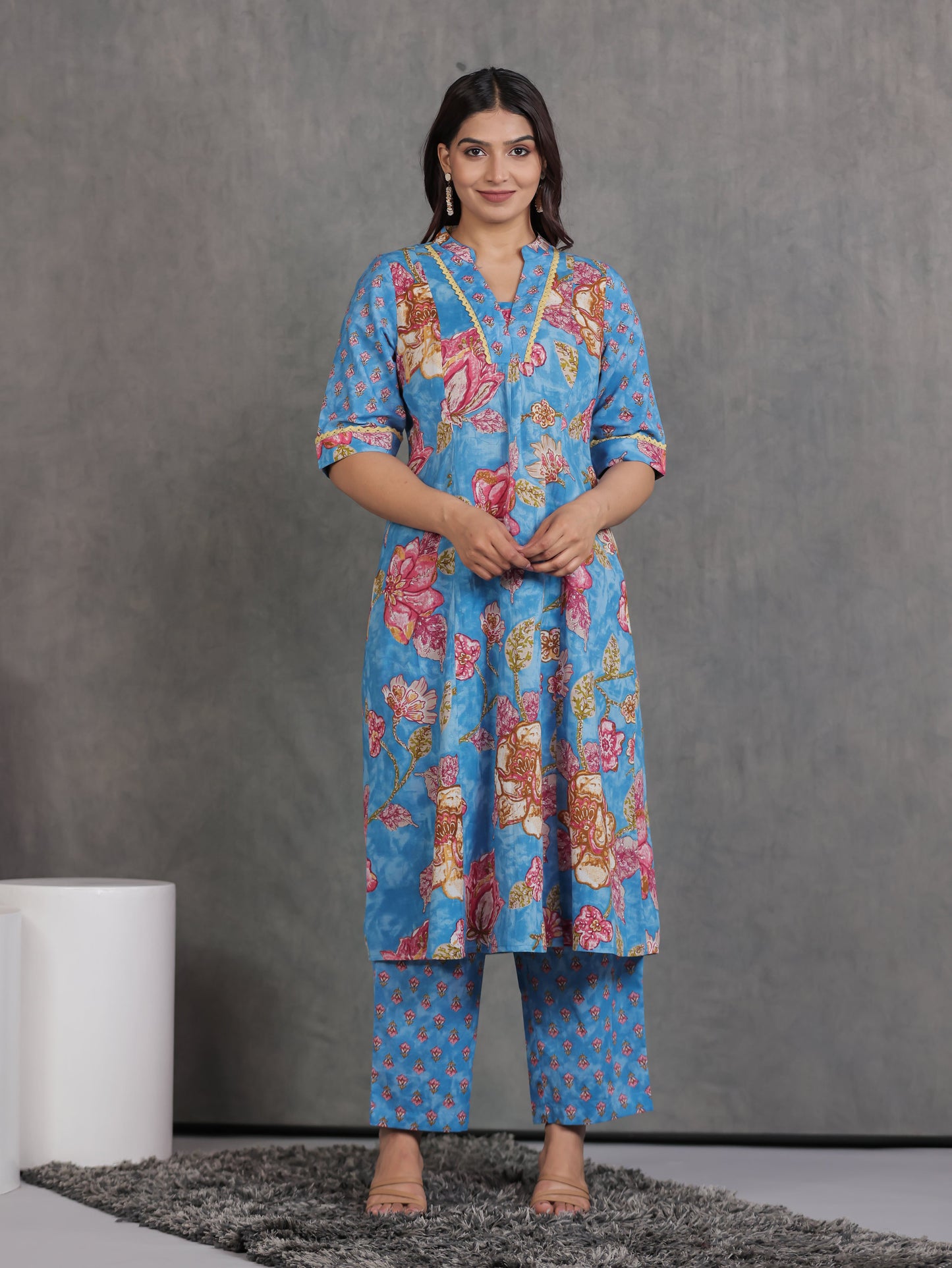 Soft Cotton Floral A-line Blue Kurta