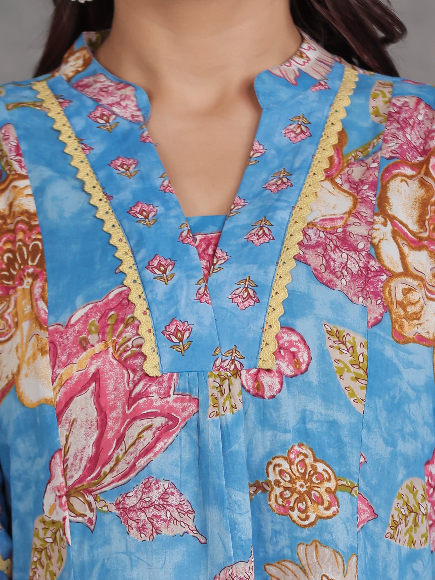 Soft Cotton Floral A-line Blue Kurta