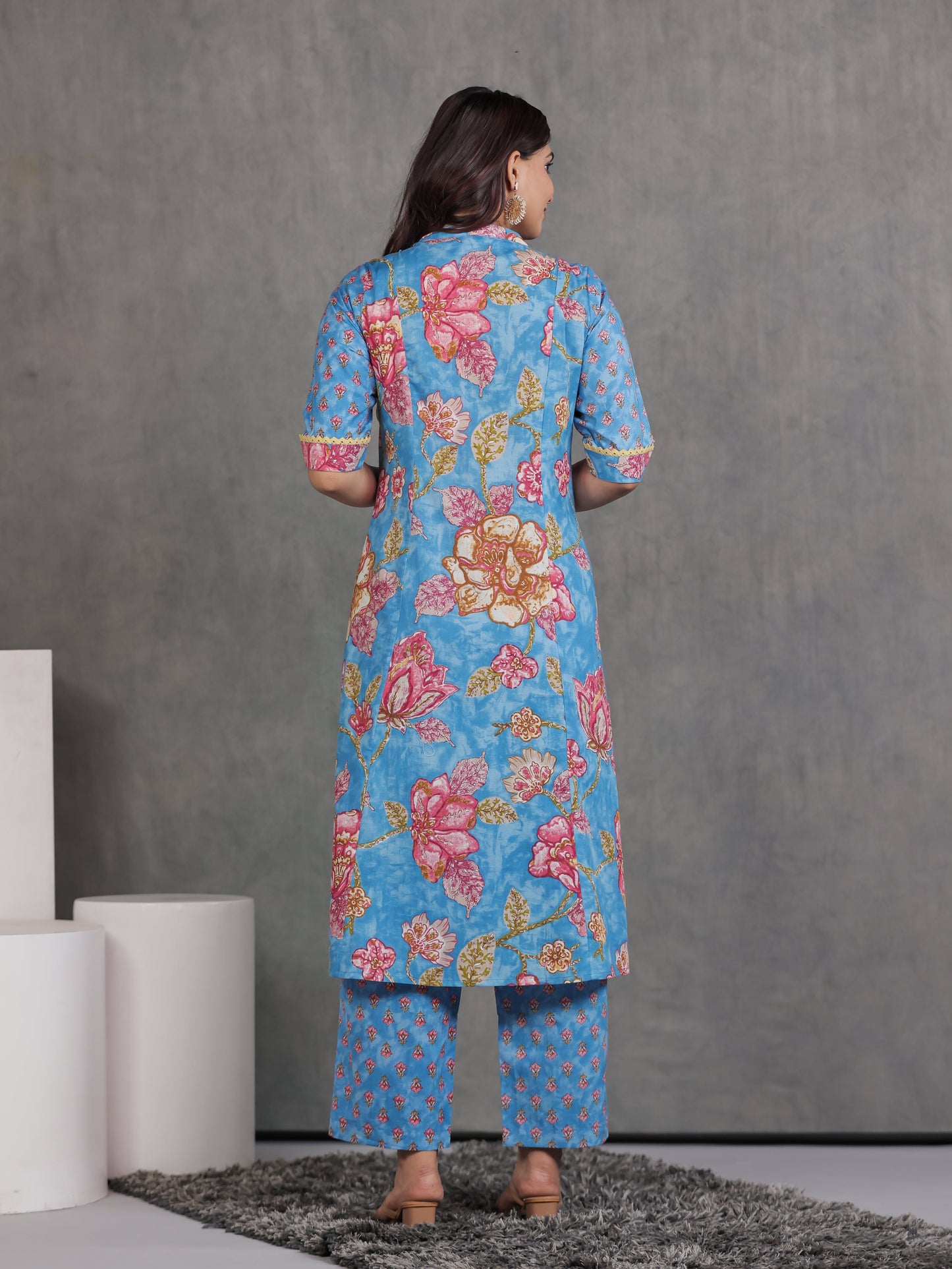 Soft Cotton Floral A-line Blue Kurta