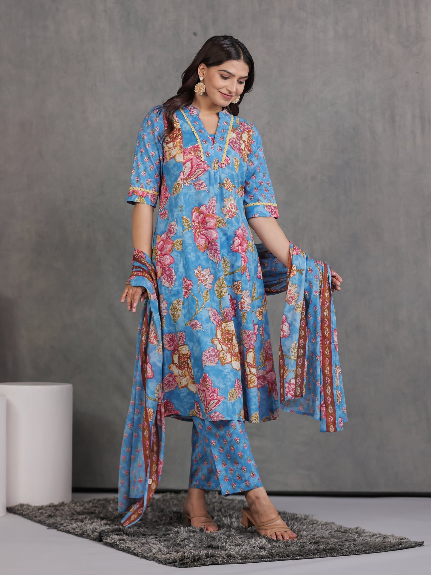 Soft Cotton Floral A-line Blue Kurta