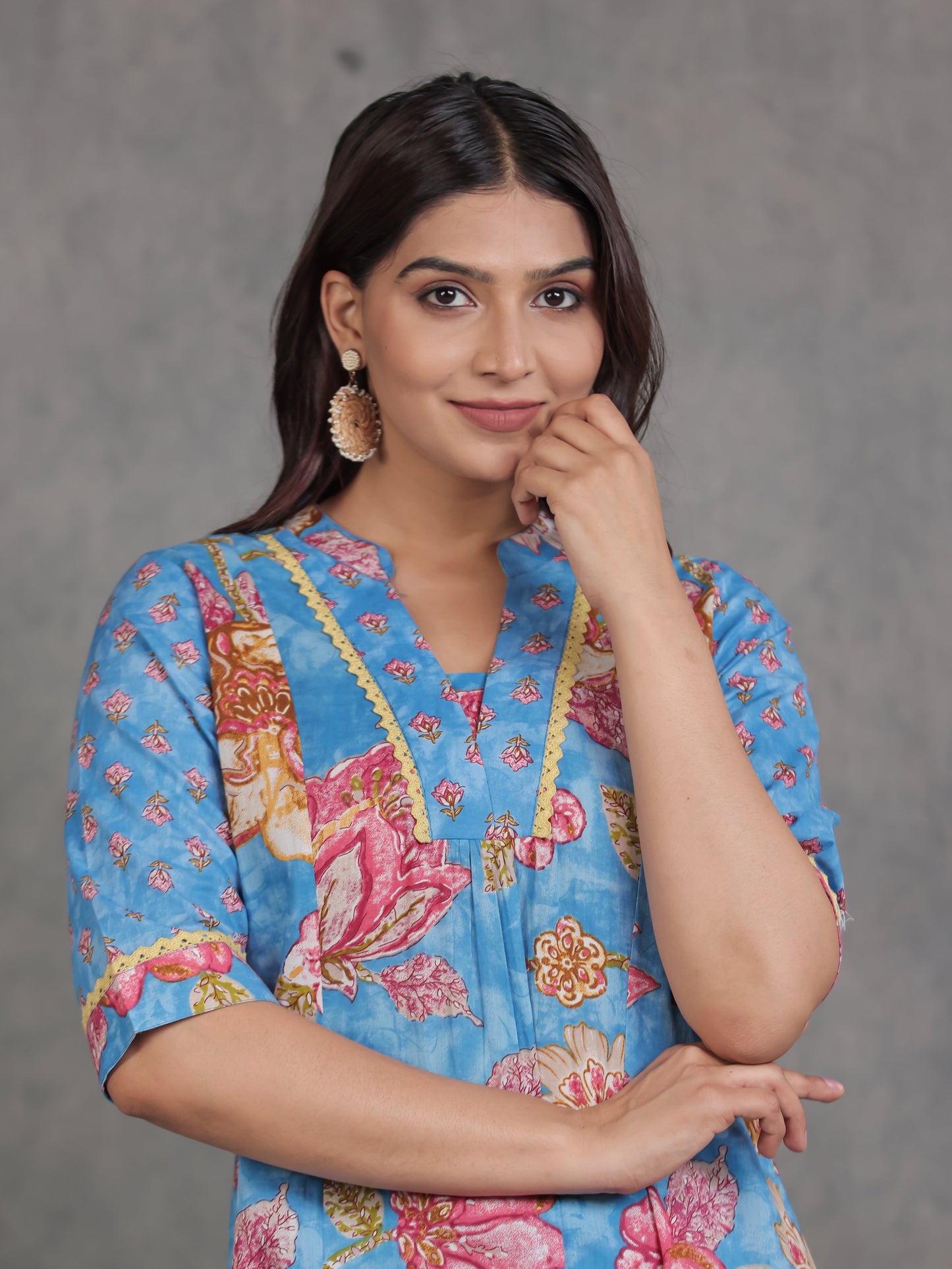 Soft Cotton Floral A-line Blue Kurta