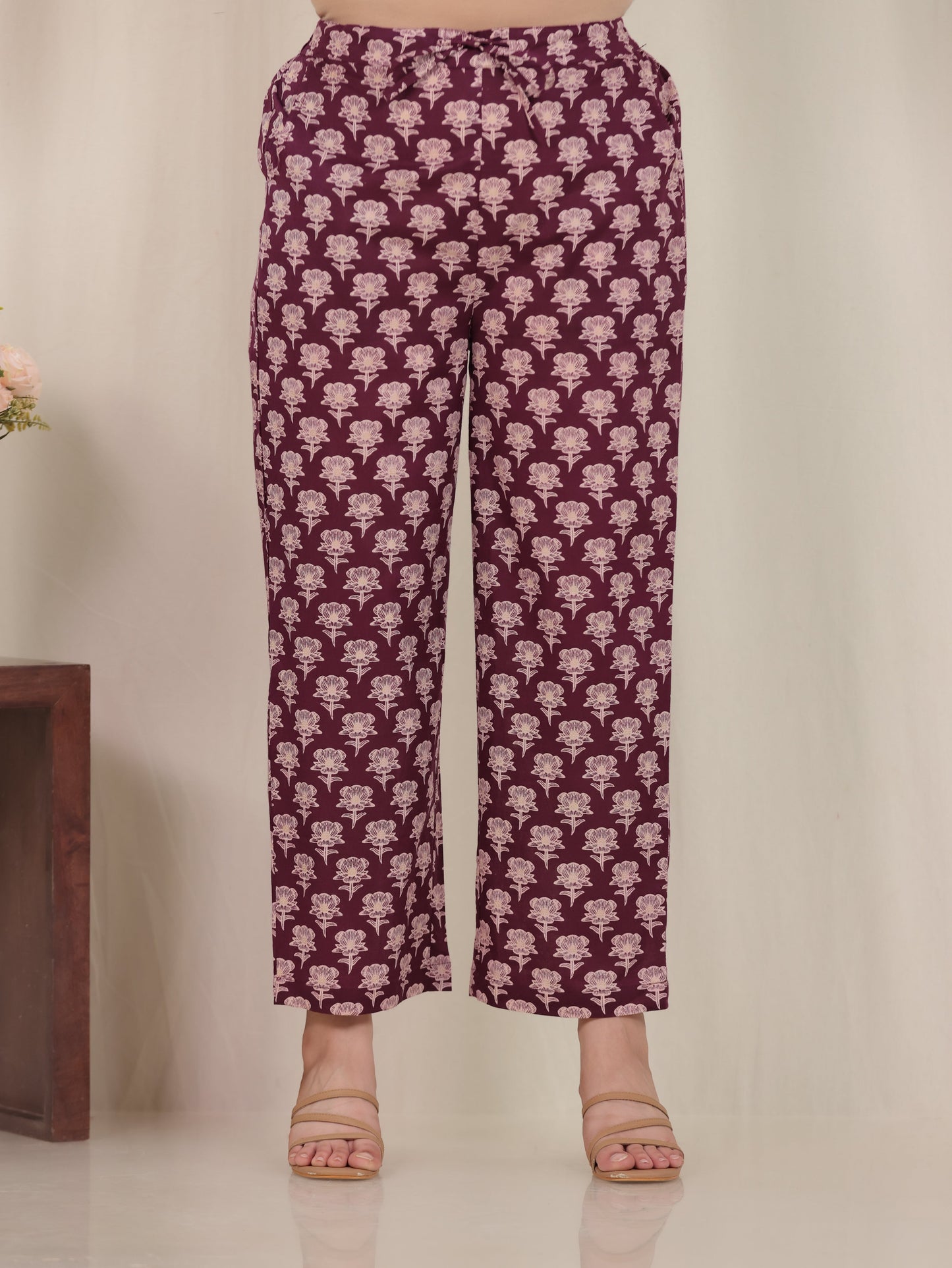Soft Cotton Floral Wine Straight Straight Trousers