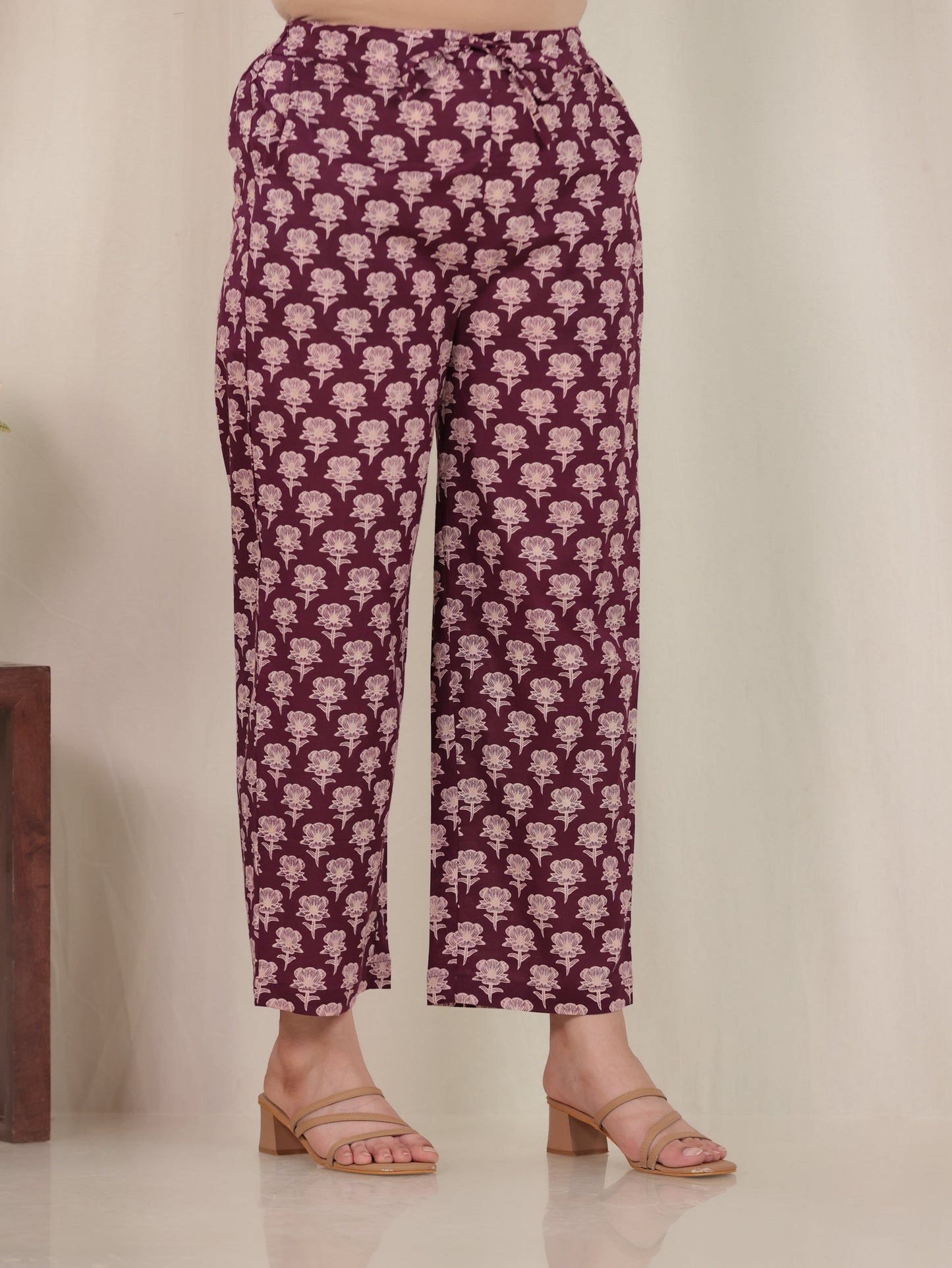 Soft Cotton Floral Wine Straight Straight Trousers