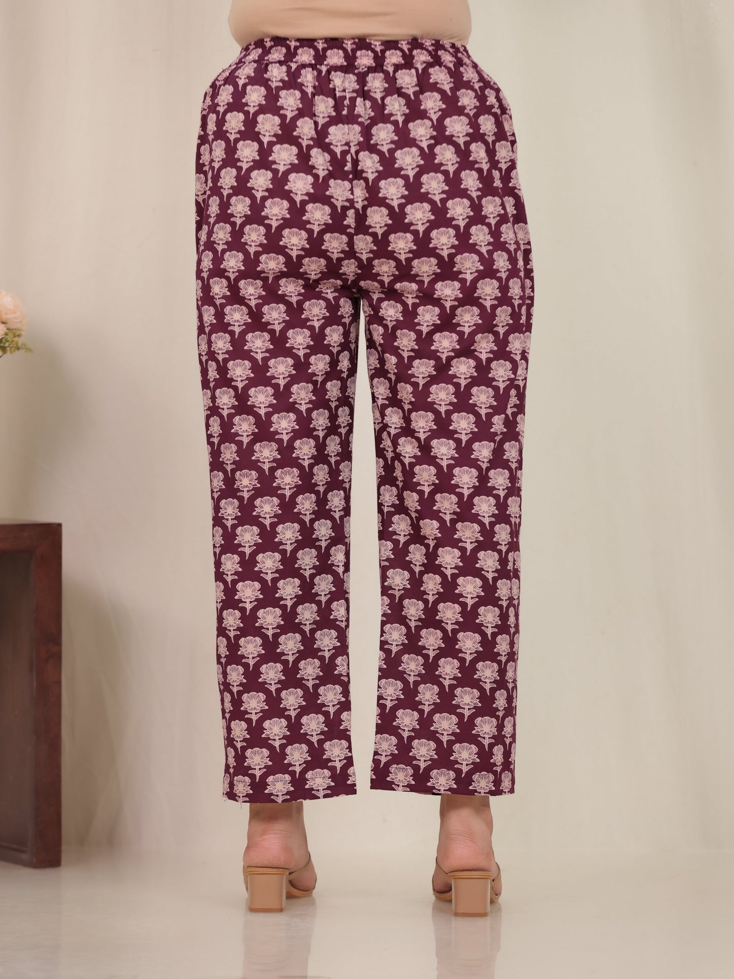 Soft Cotton Floral Wine Straight Straight Trousers